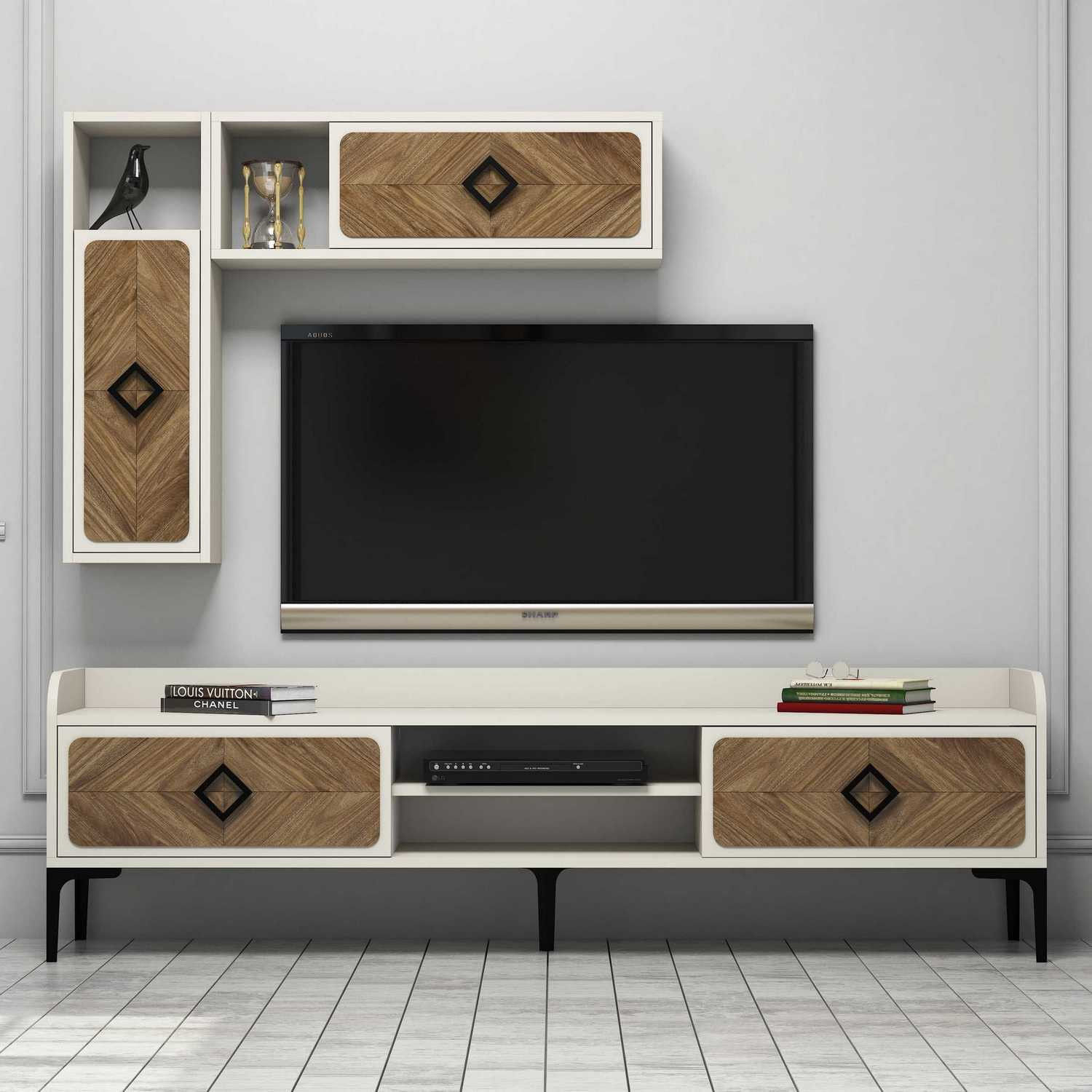 Comoda tv, Hanah Home, pal melaminat, nuc si crem, 180x35x52 cm