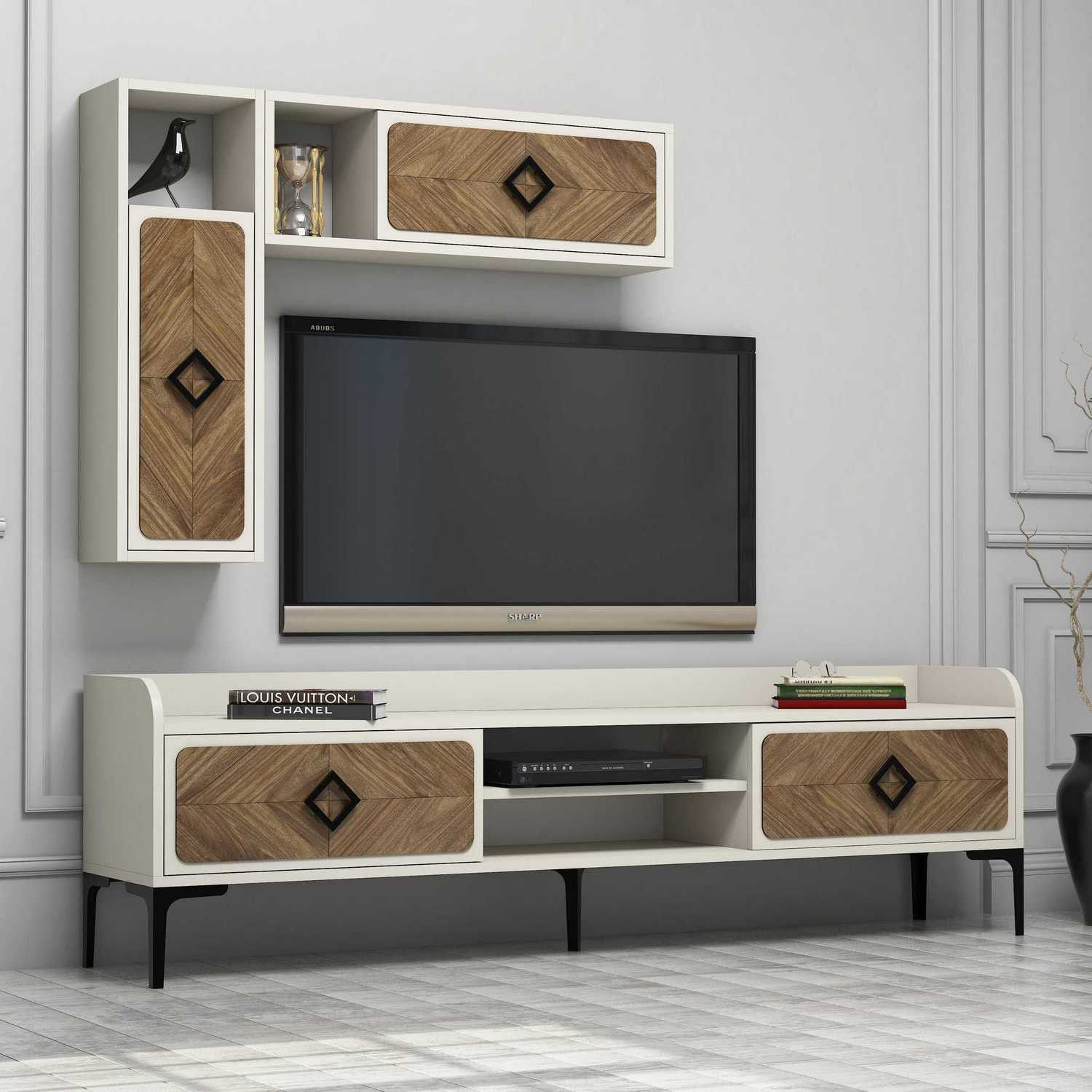 Comoda tv, Hanah Home, pal melaminat, nuc si crem, 180x35x52 cm — imaginea 3