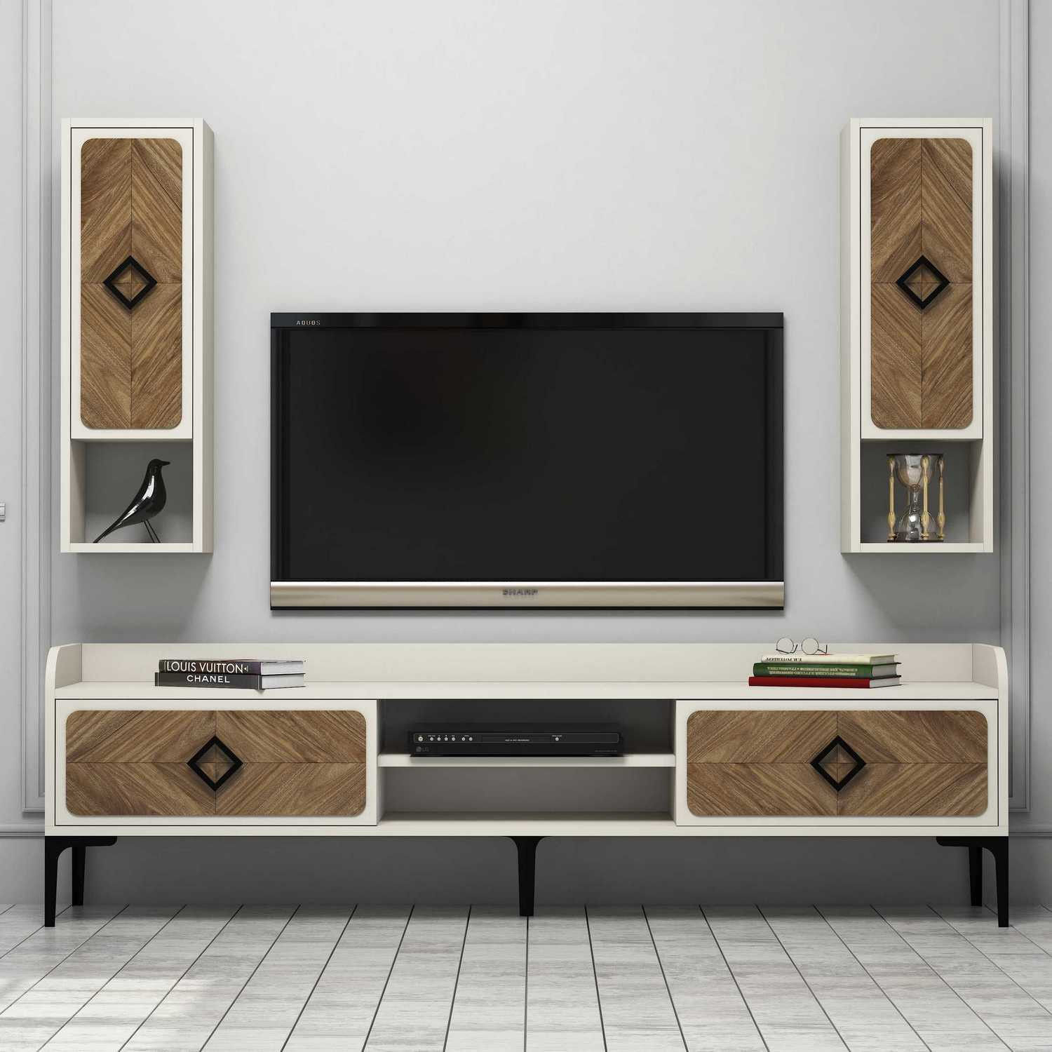 Comoda tv, Hanah Home, pal melaminat, nuc si crem, 180x35x52 cm — imaginea 4