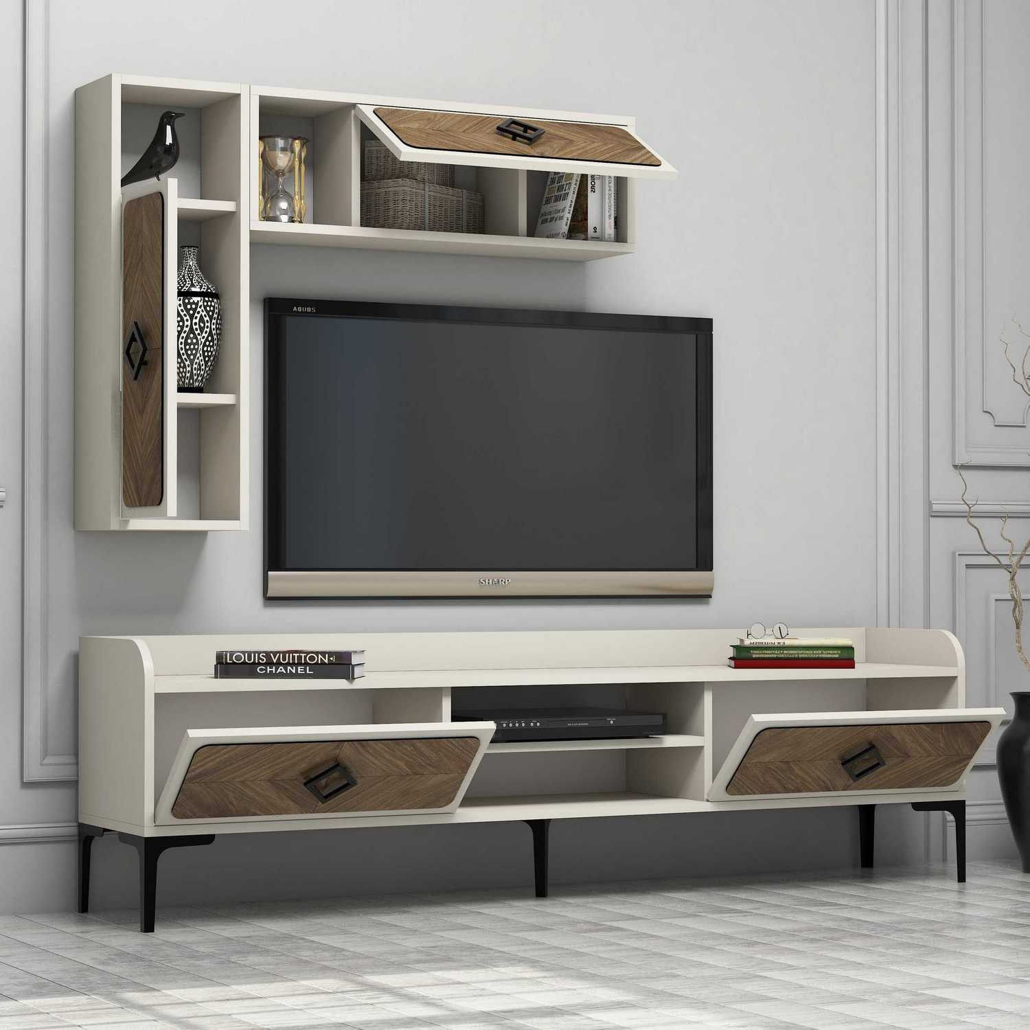 Comoda tv, Hanah Home, pal melaminat, nuc si crem, 180x35x52 cm — imaginea 5