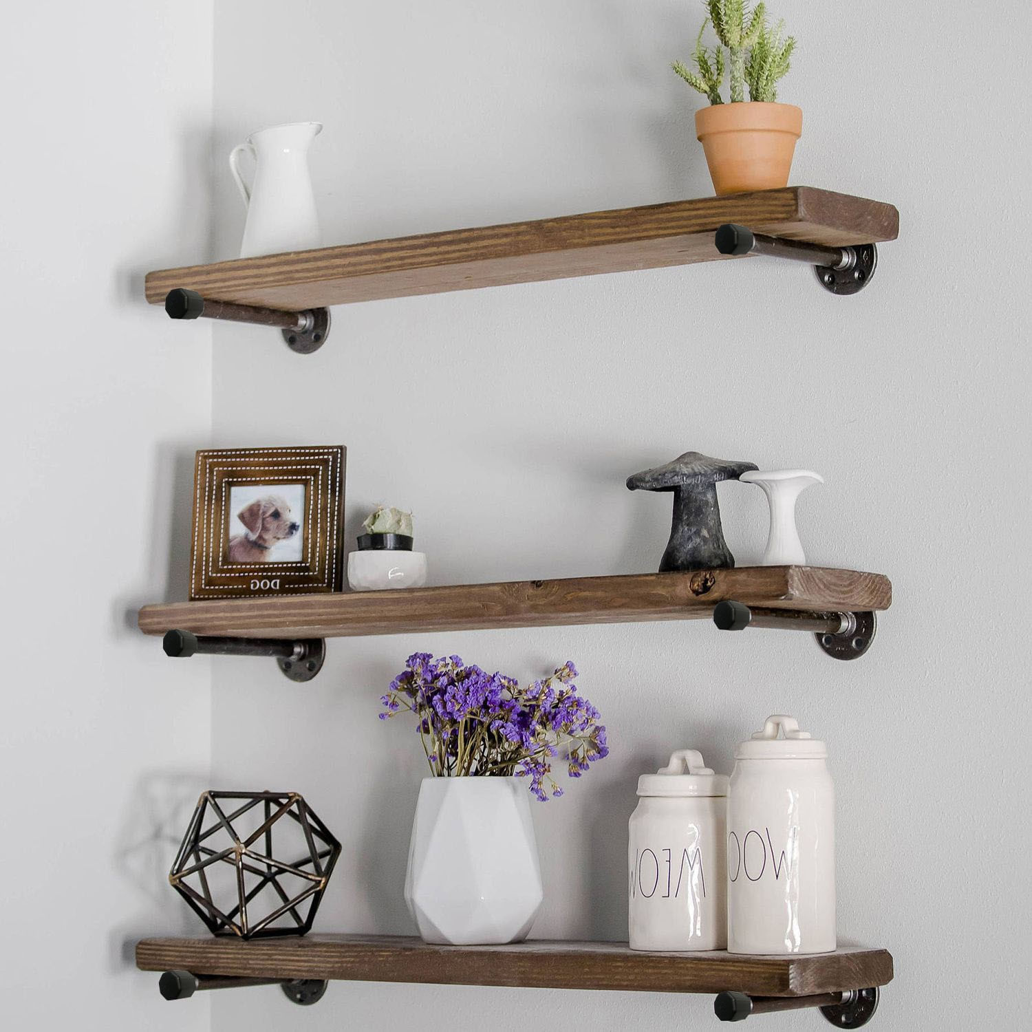 Raft cu tevi, Hanah Home, lemn de molid, nuc si negru, 60x14x8 cm (3 bucati) — imaginea 2