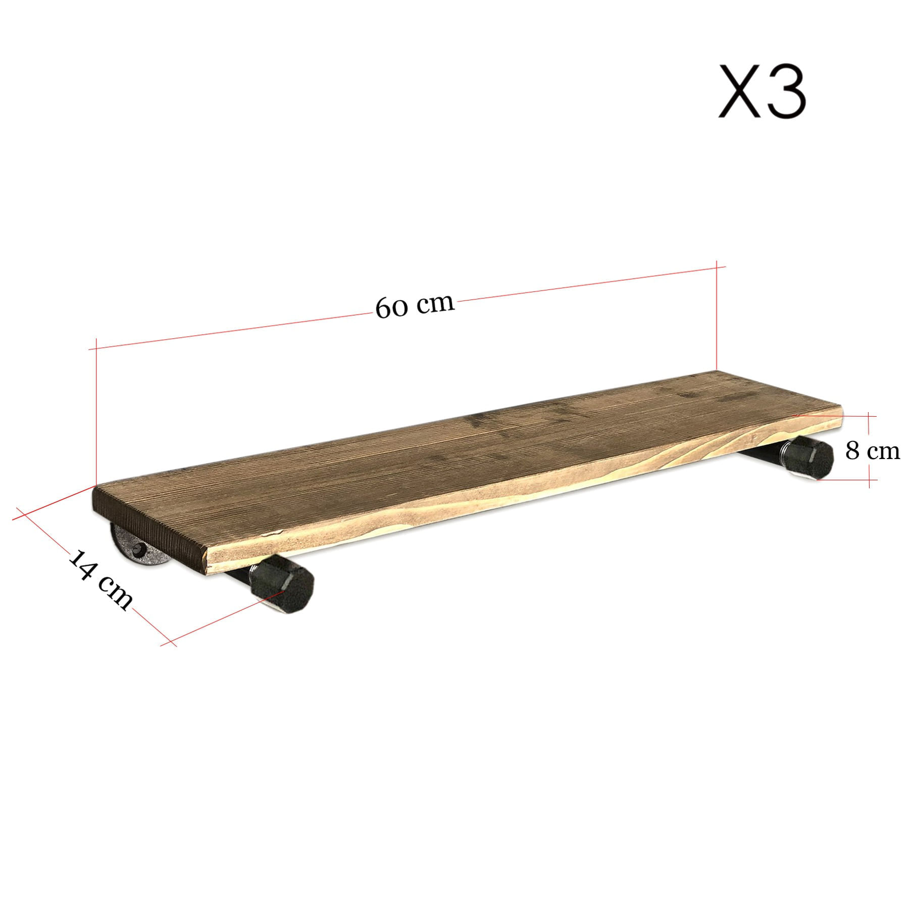 Raft cu tevi, Hanah Home, lemn de molid, nuc si negru, 60x14x8 cm (3 bucati) — imaginea 3