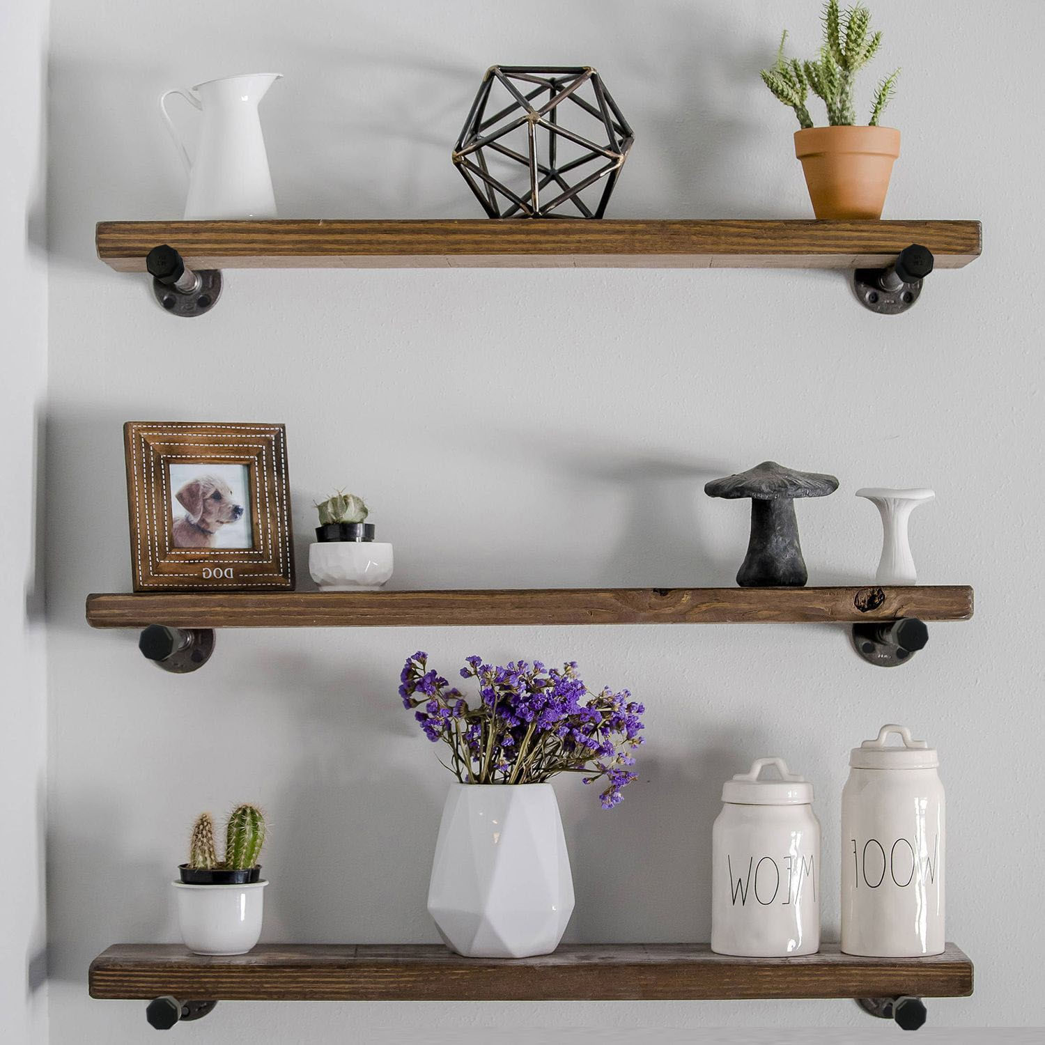 Raft cu tevi, Hanah Home, lemn de molid, nuc si negru, 60x14x8 cm (3 bucati) — imaginea 5