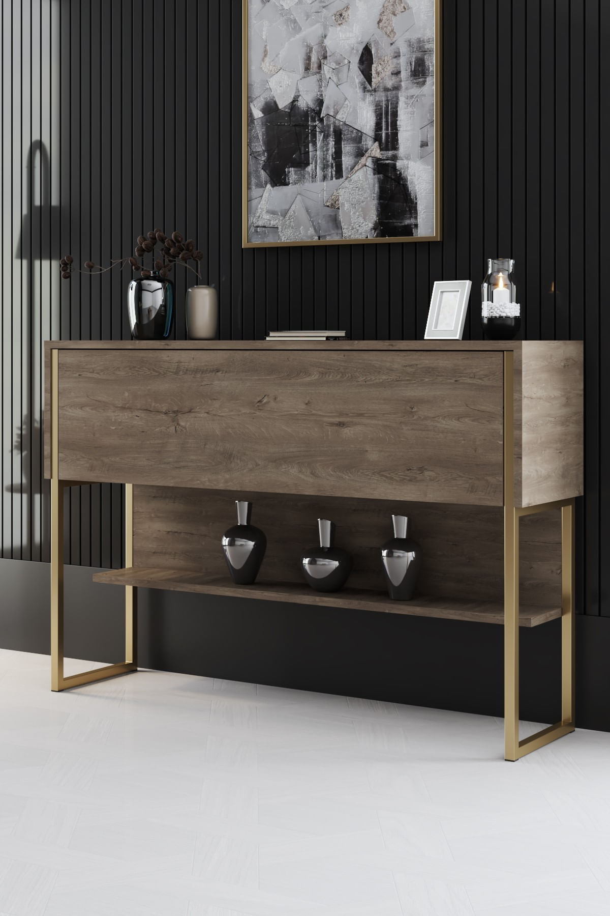 Comoda, Hanah Home, pal melaminat, auriu si nuc, 120x80x30 cm — imaginea 6