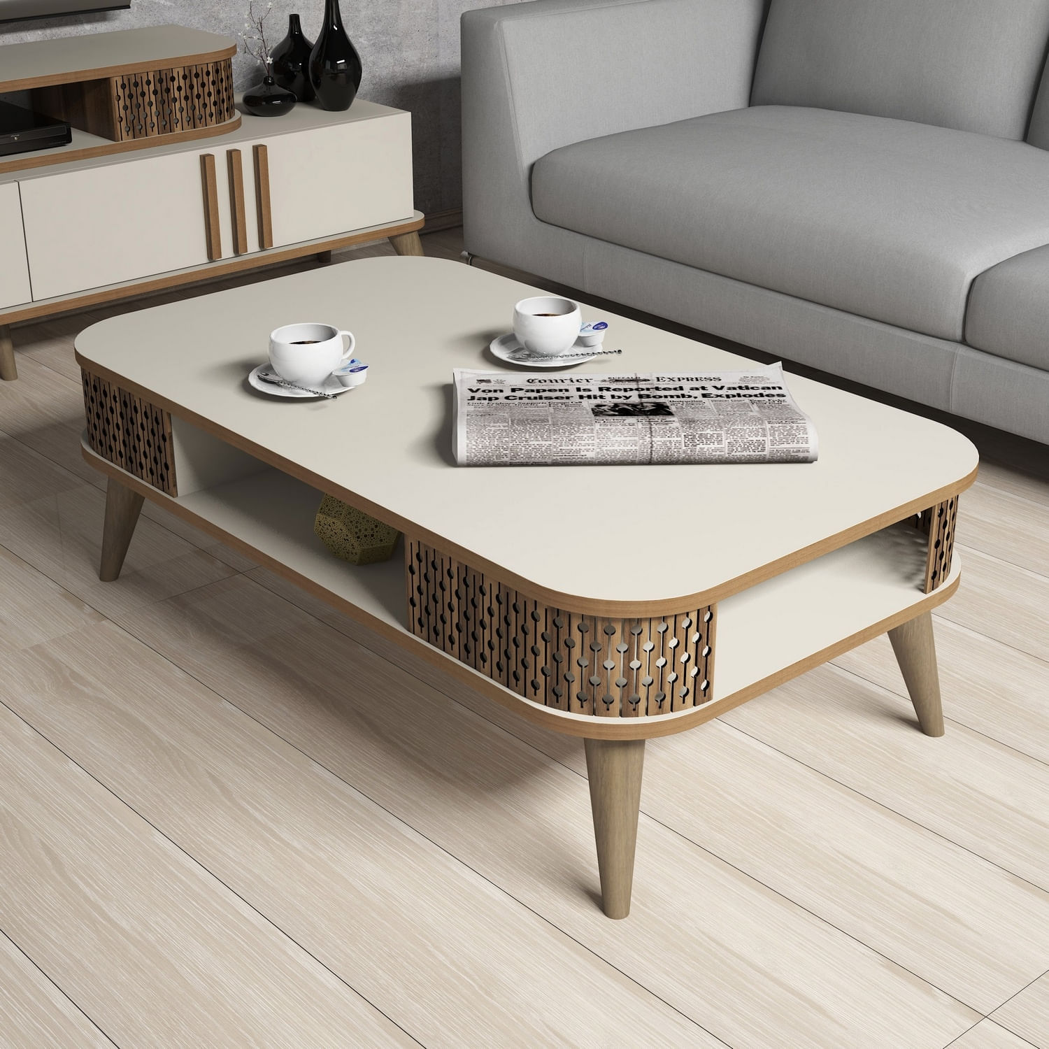 Set mobilier living, Hanah Home, pal melaminat, crem, 845HCT5221