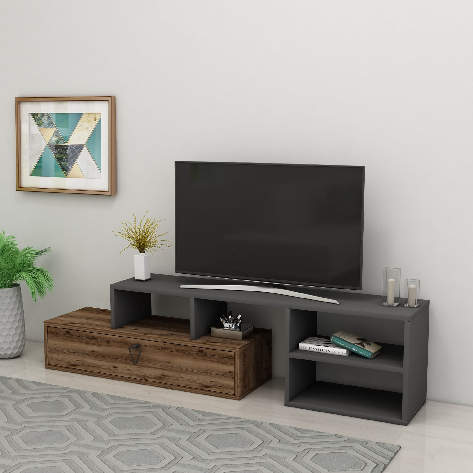 Comoda tv, Hanah Home, pal melaminat, nuc deschis si antracit, 120x27.5x38 cm — imaginea 3