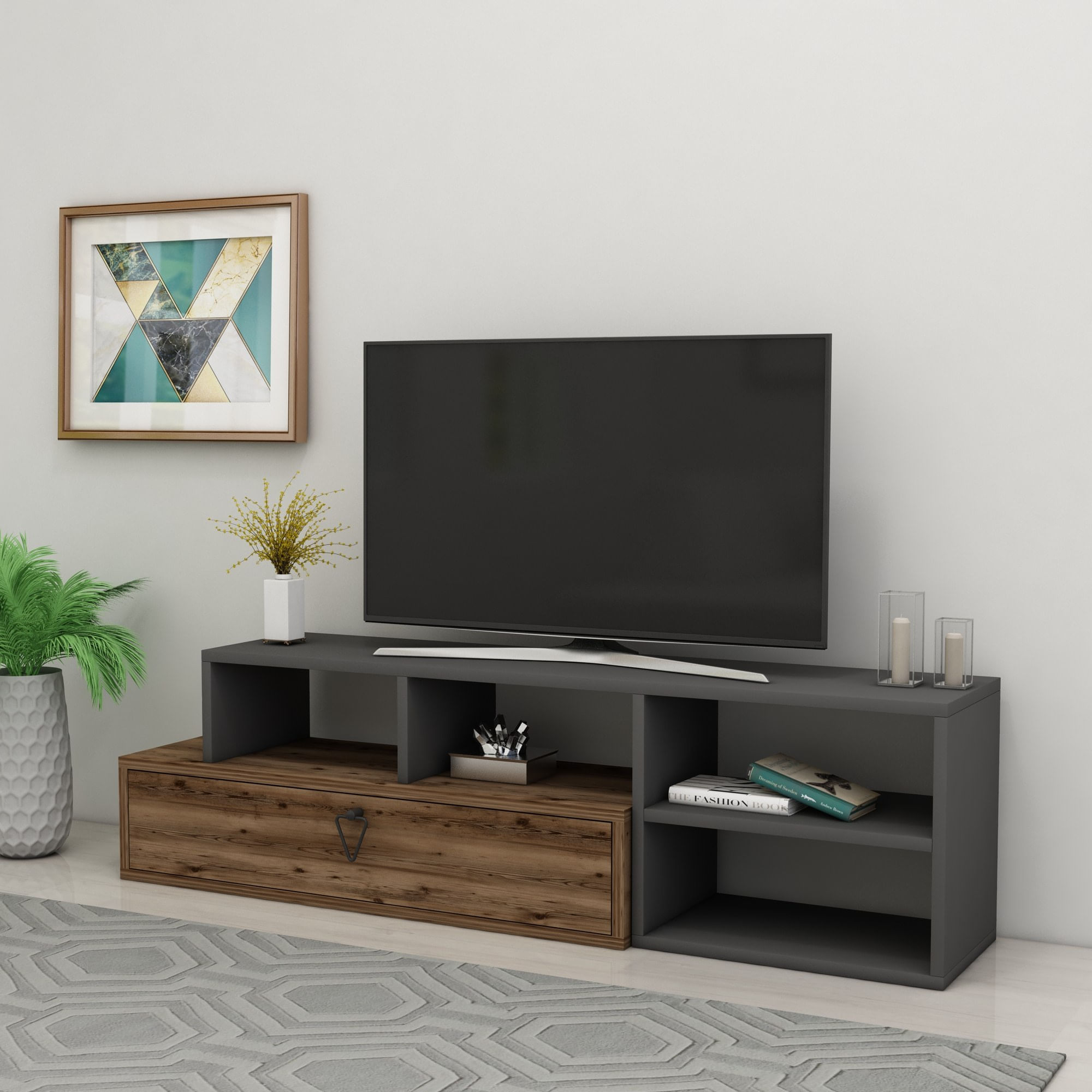 Comoda tv, Hanah Home, pal melaminat, nuc deschis si antracit, 120x27.5x38 cm — imaginea 4