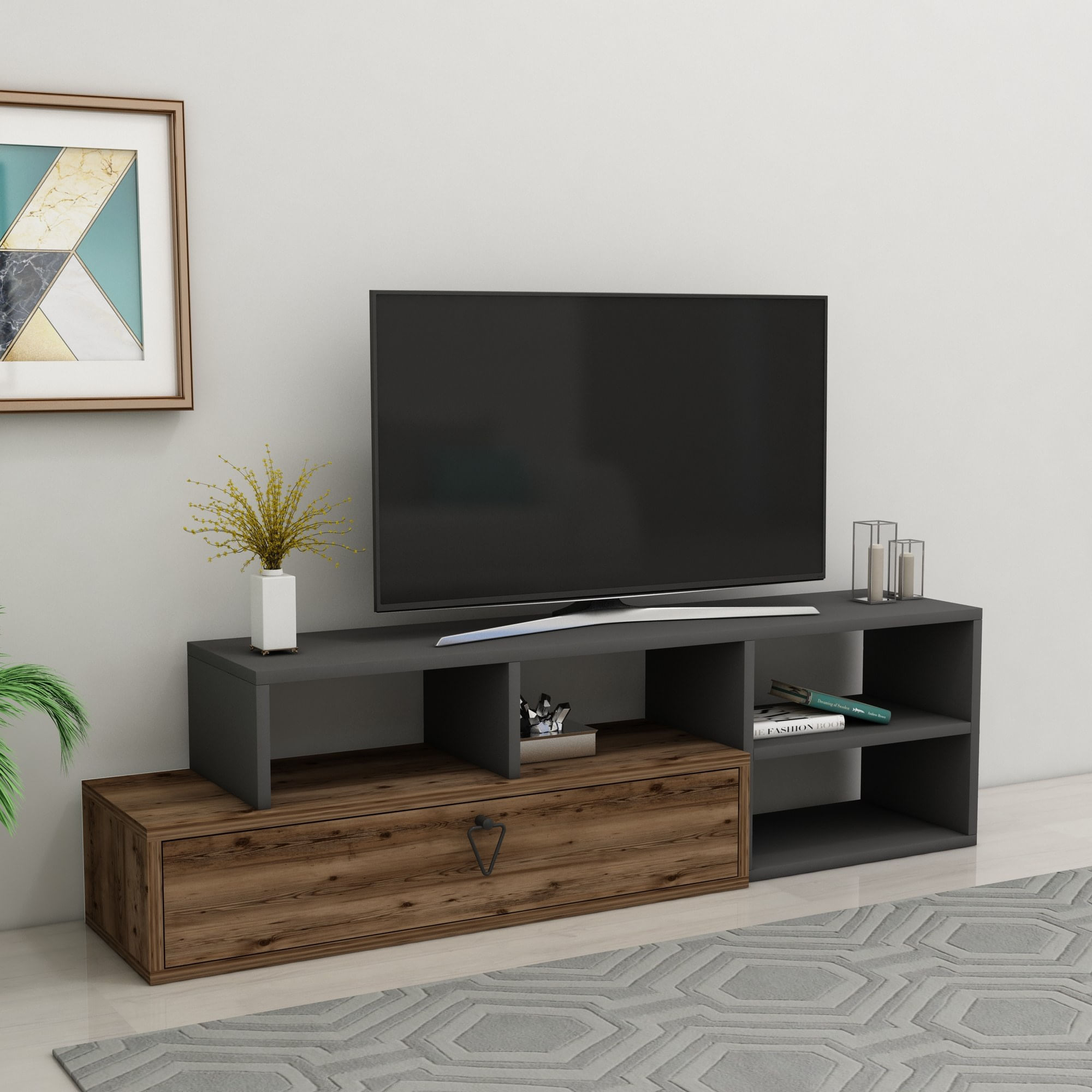 Comoda tv, Hanah Home, pal melaminat, nuc deschis si antracit, 120x27.5x38 cm — imaginea 5