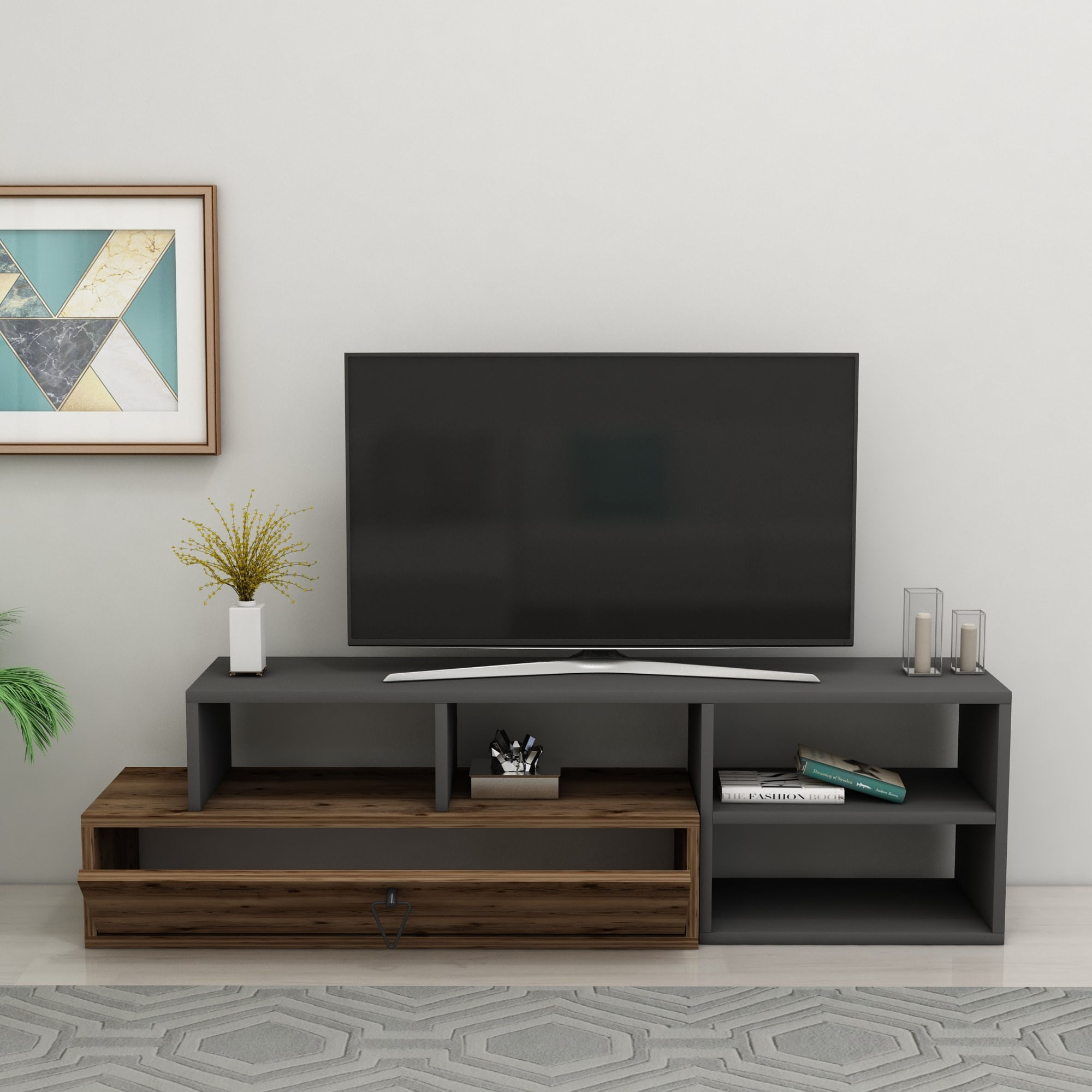 Comoda tv, Hanah Home, pal melaminat, nuc deschis si antracit, 120x27.5x38 cm — imaginea 6