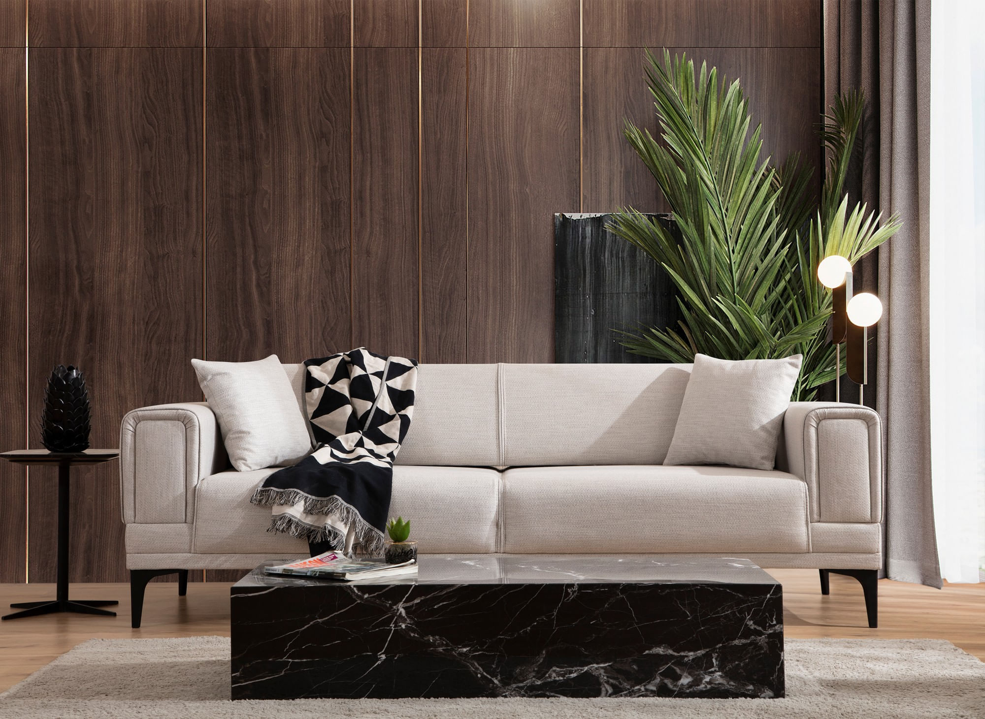 Canapea extensibila 3 locuri, Atelier Del Sofa, lemn de fag si placi aglomerate, ecru, 215x85x77 cm — imaginea 7