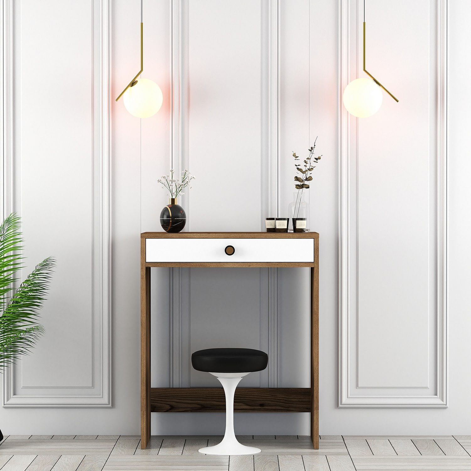 Masa de machiaj, Hanah Home, panou de particule melaminat, nuc si alb, 70x40x84,7 cm — imaginea 2