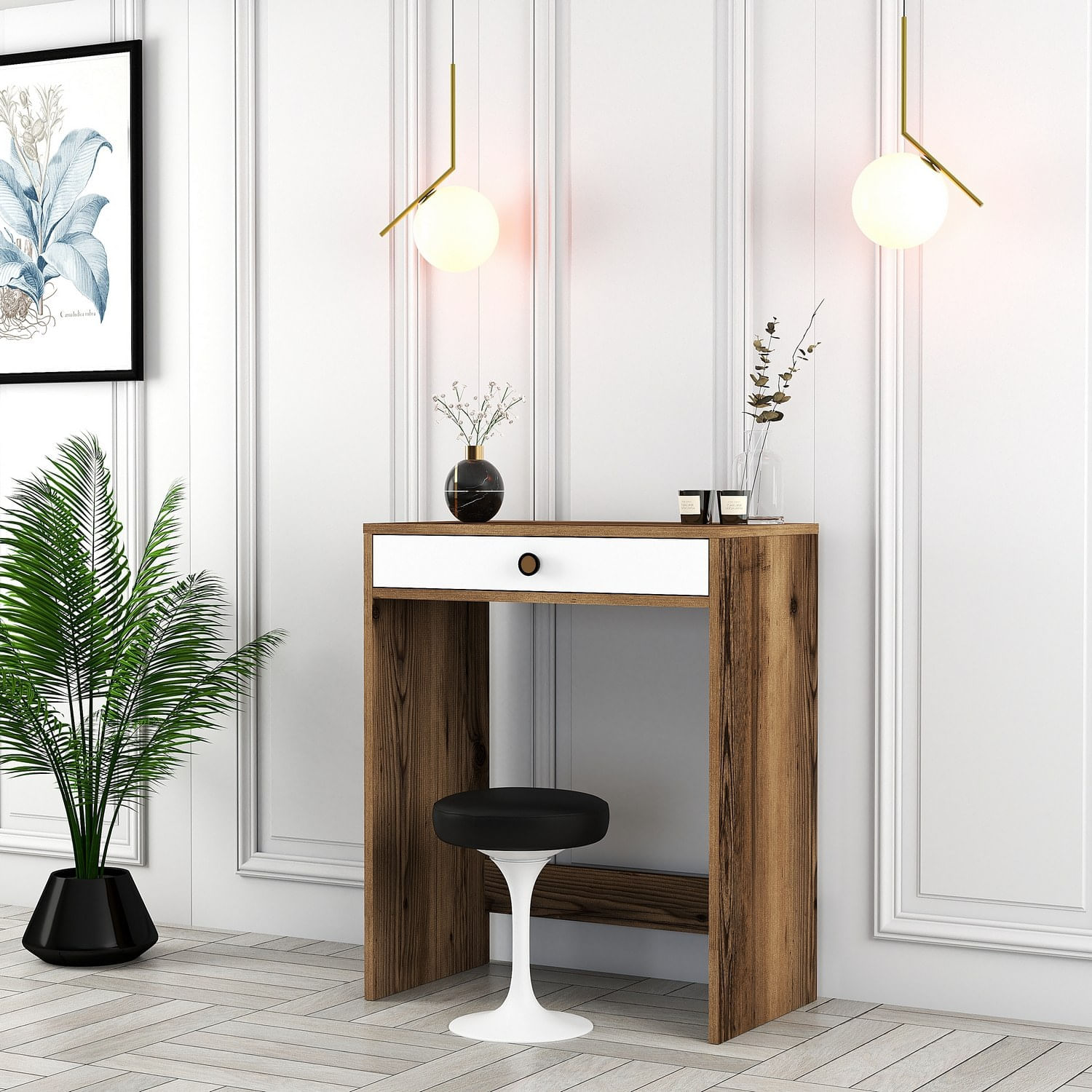 Masa de machiaj, Hanah Home, panou de particule melaminat, nuc si alb, 70x40x84,7 cm — imaginea 4