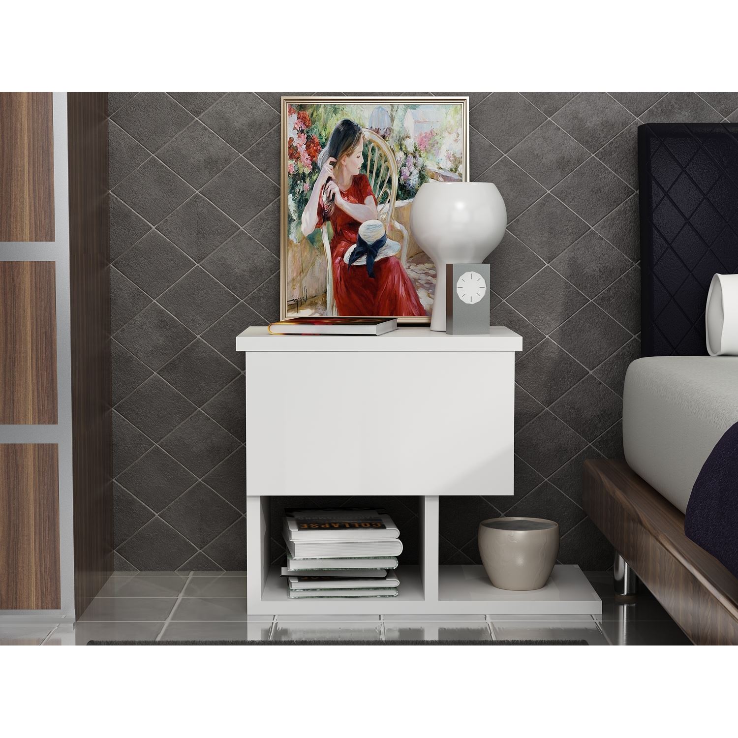 Noptiera, Hanah Home, pal melaminat, alb, 46.8x36.8x33 cm — imaginea 2