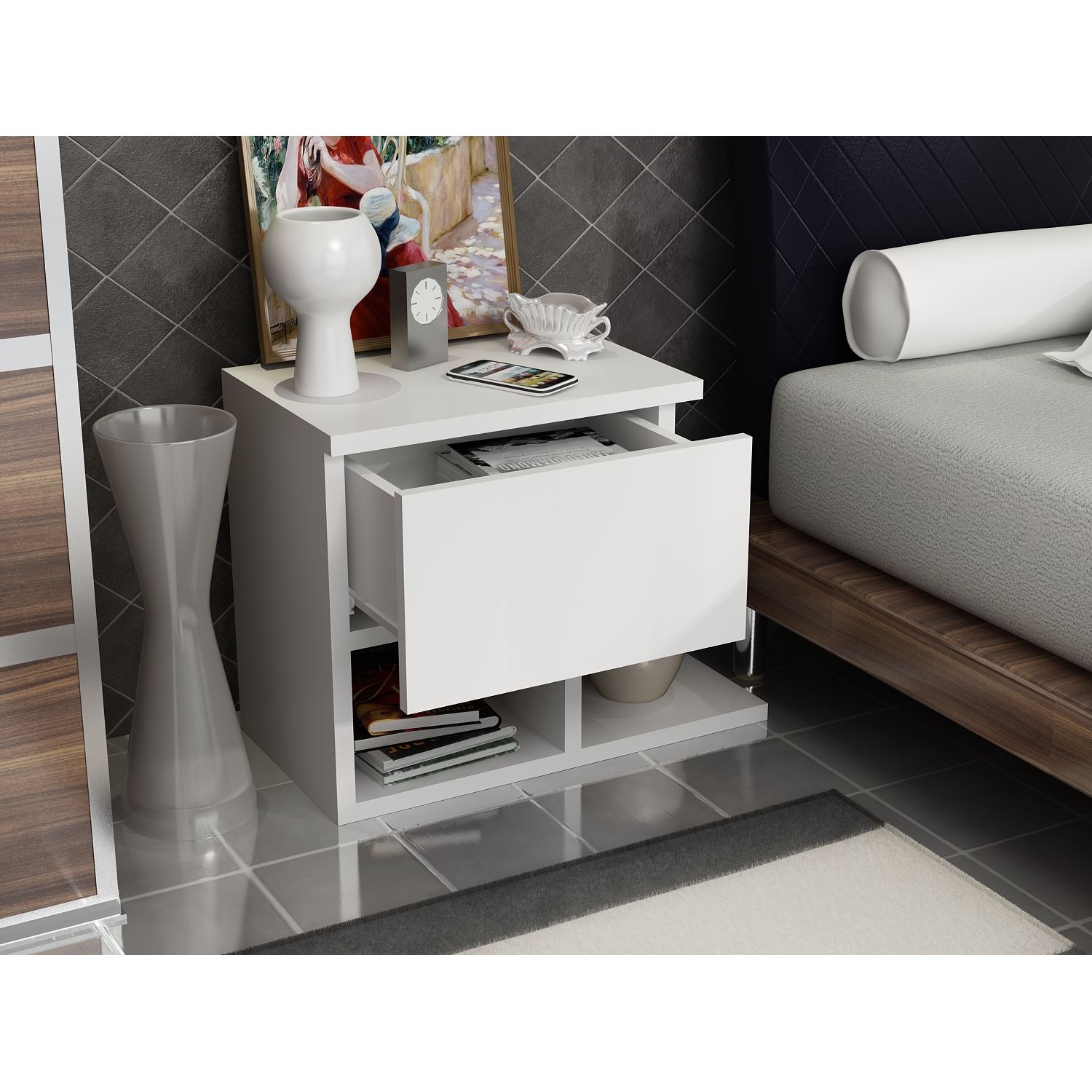 Noptiera, Hanah Home, pal melaminat, alb, 46.8x36.8x33 cm — imaginea 3