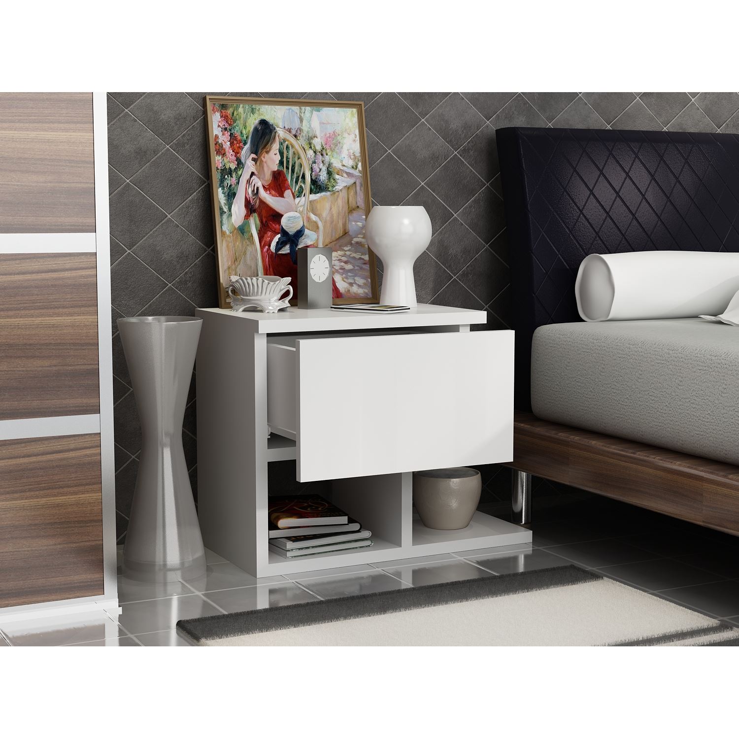 Noptiera, Hanah Home, pal melaminat, alb, 46.8x36.8x33 cm — imaginea 4