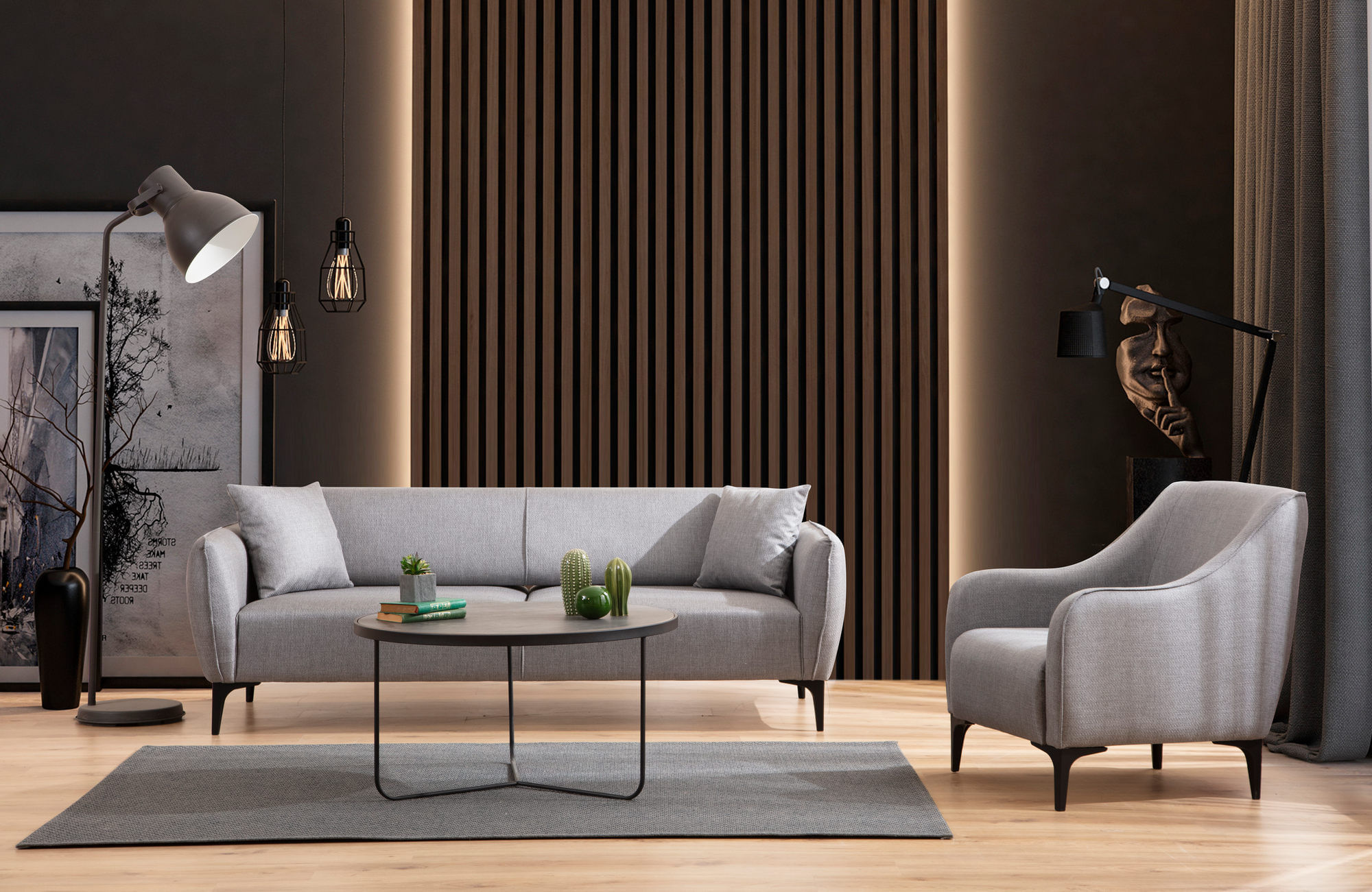 Canapea 3 locuri, Hanah Home, material textil, gri, 220x95x67 cm — imaginea 4