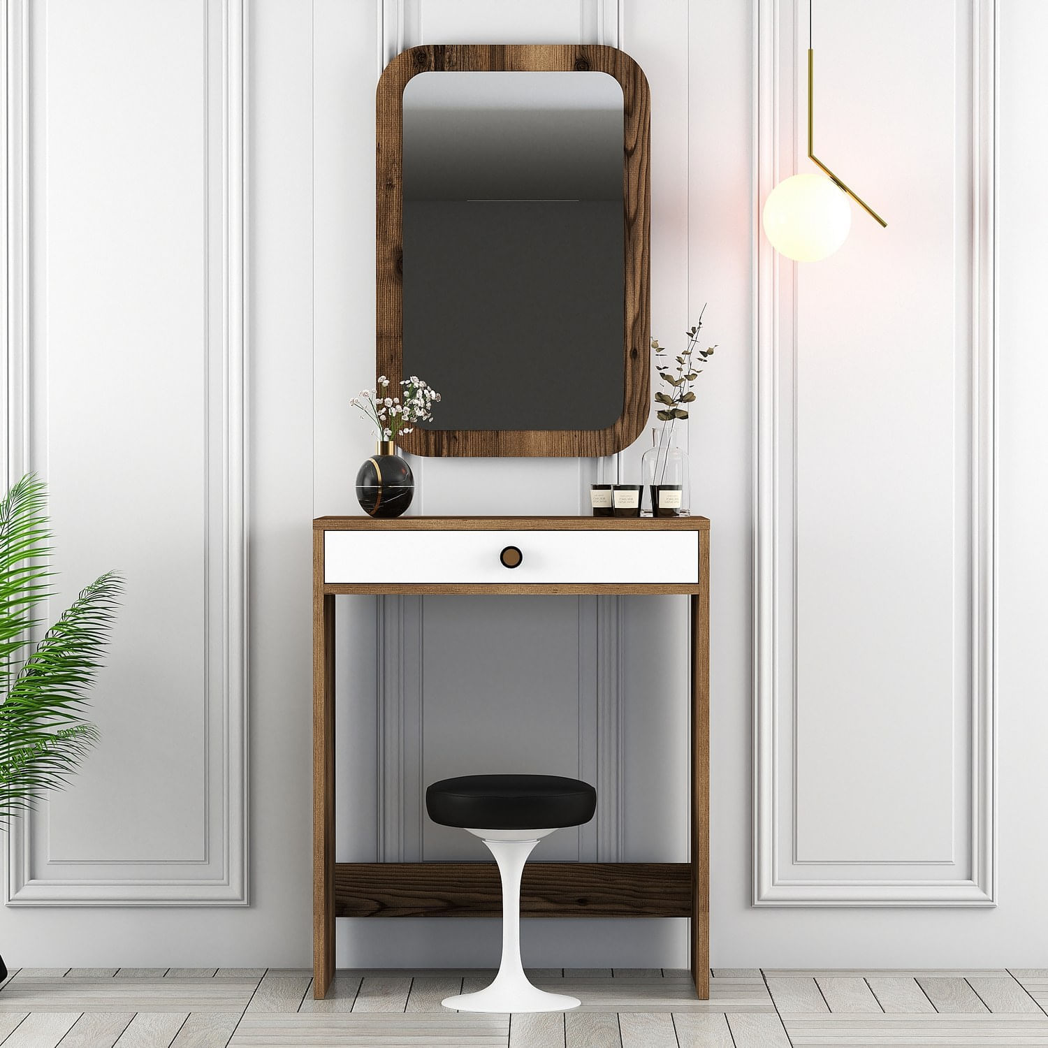 Masa de machiaj, Hanah Home, pal melaminat, nuc si alb, 70x40x84.7 cm — imaginea 2