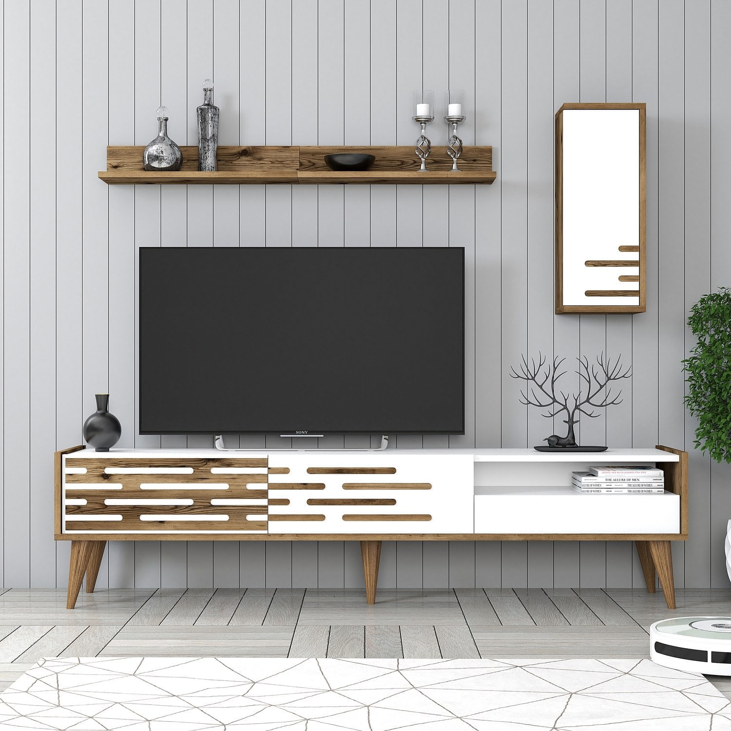 Comoda tv, Hanah Home, pal melaminat, nuc si alb, 180x45x35 cm, 845HCT5343 — imaginea 2