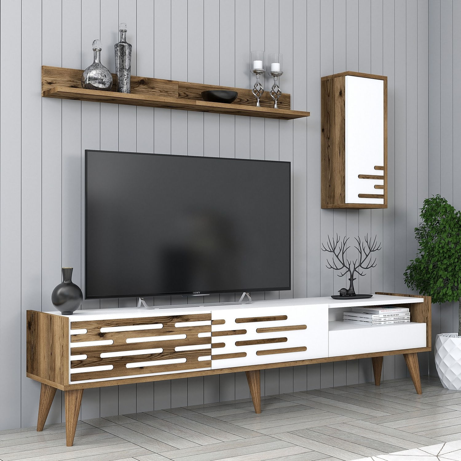 Comoda tv, Hanah Home, pal melaminat, nuc si alb, 180x45x35 cm, 845HCT5343 — imaginea 4