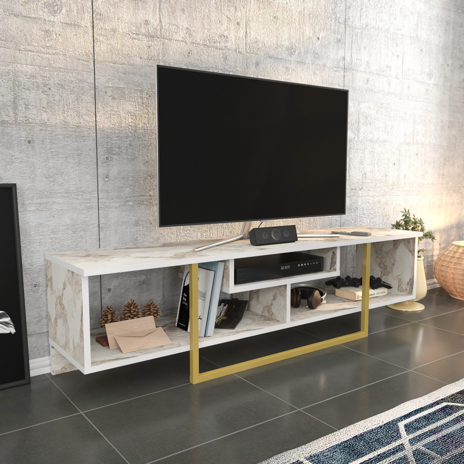 Comoda tv, Hanah Home, pal melaminat, auriu alb, 150x35.2x40 cm — imaginea 3