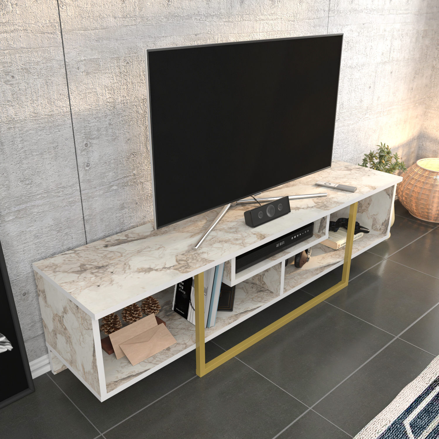 Comoda tv, Hanah Home, pal melaminat, auriu alb, 150x35.2x40 cm — imaginea 4