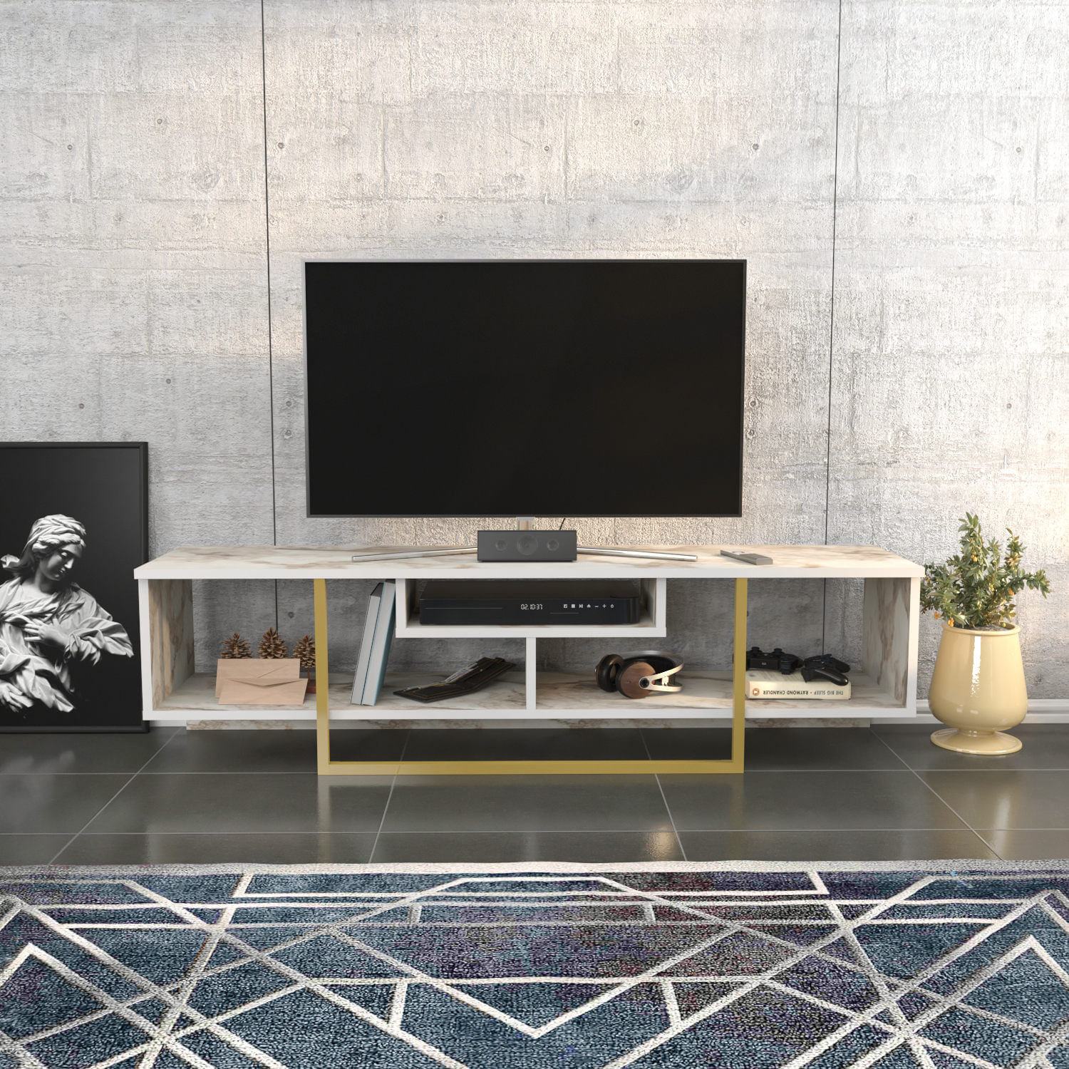 Comoda tv, Hanah Home, pal melaminat, auriu alb, 150x35.2x40 cm — imaginea 5