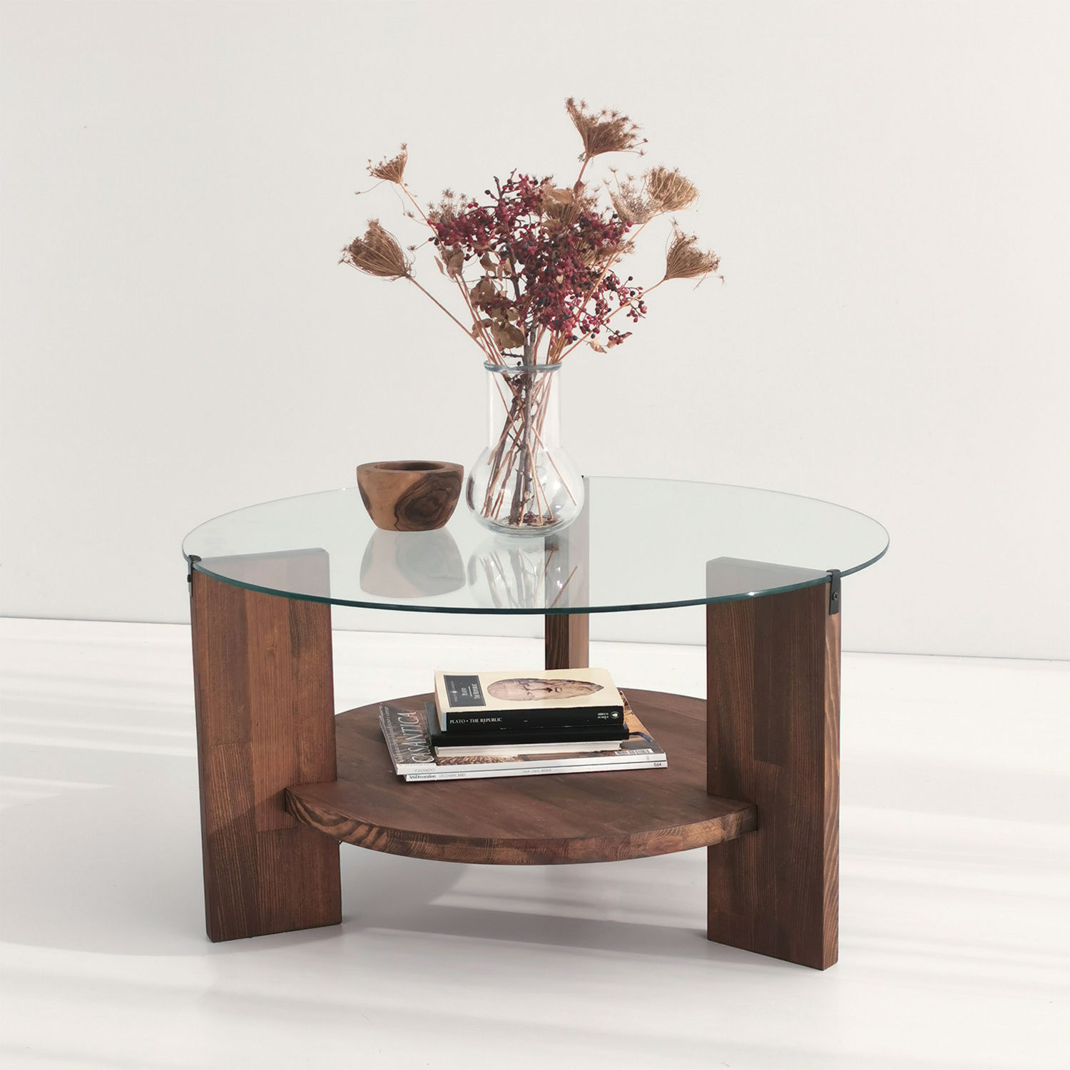 Masuta de cafea, Hanah Home, lemn masiv si sticla, nuc, 75x75x40 cm - imagine 2
