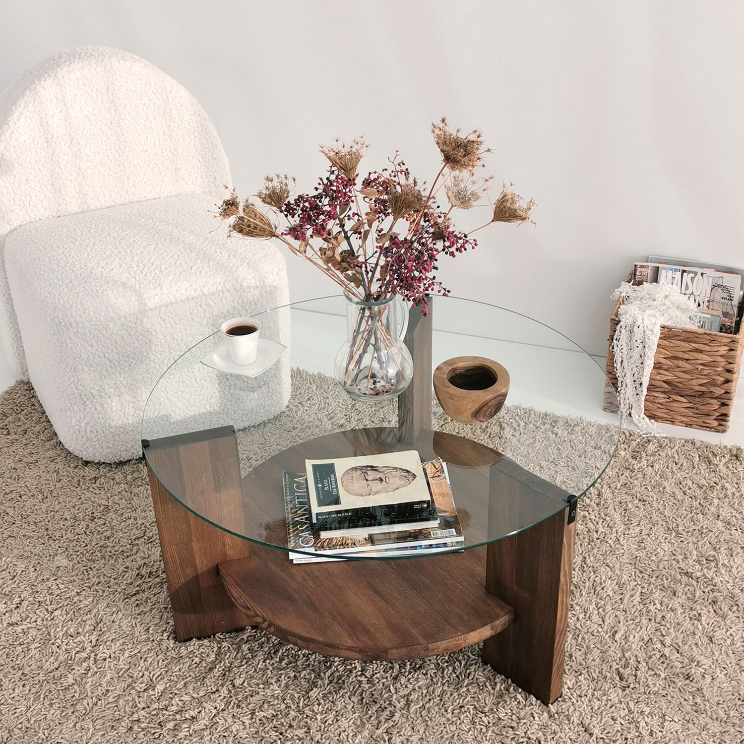 Masuta de cafea, Hanah Home, lemn masiv si sticla, nuc, 75x75x40 cm - imagine 3