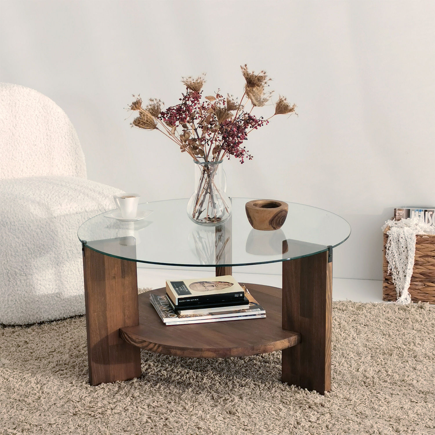 Masuta de cafea, Hanah Home, lemn masiv si sticla, nuc, 75x75x40 cm - imagine 4