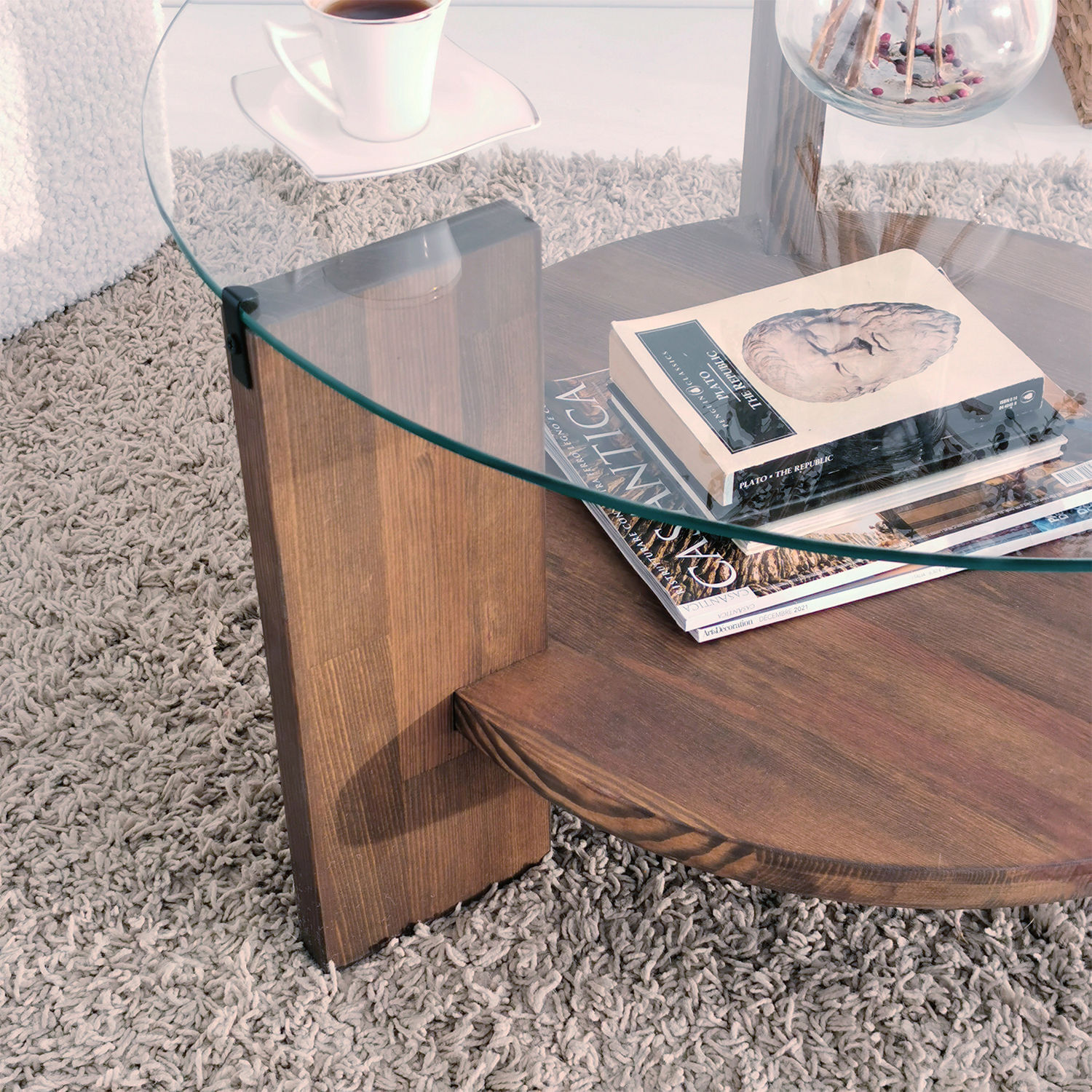 Masuta de cafea, Hanah Home, lemn masiv si sticla, nuc, 75x75x40 cm - imagine 5