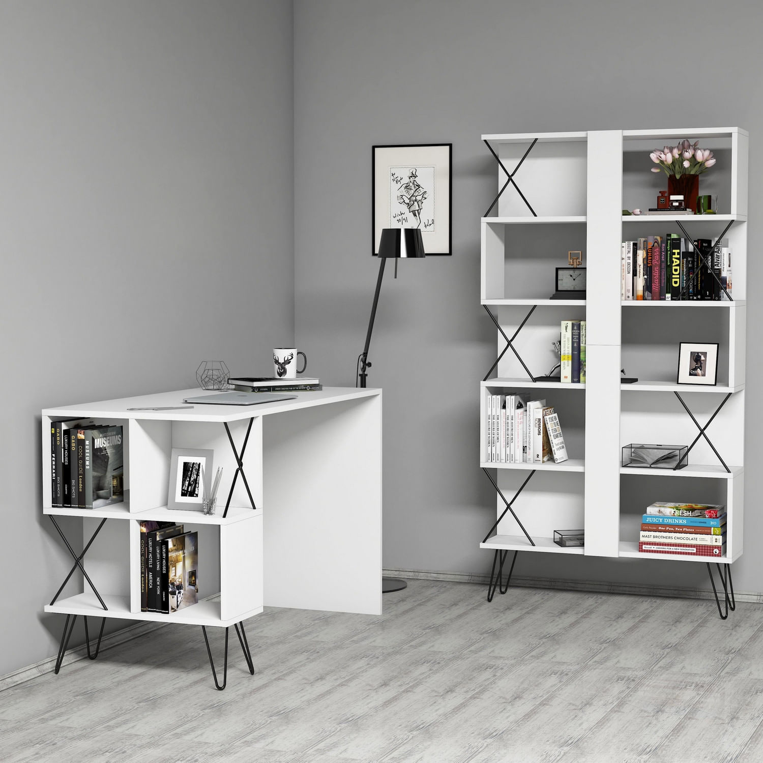 Birou cu rafturi, Hanah Home, pal melaminat, alb negru, 120x60x78.8 cm, 845HCT3827 — imaginea 4