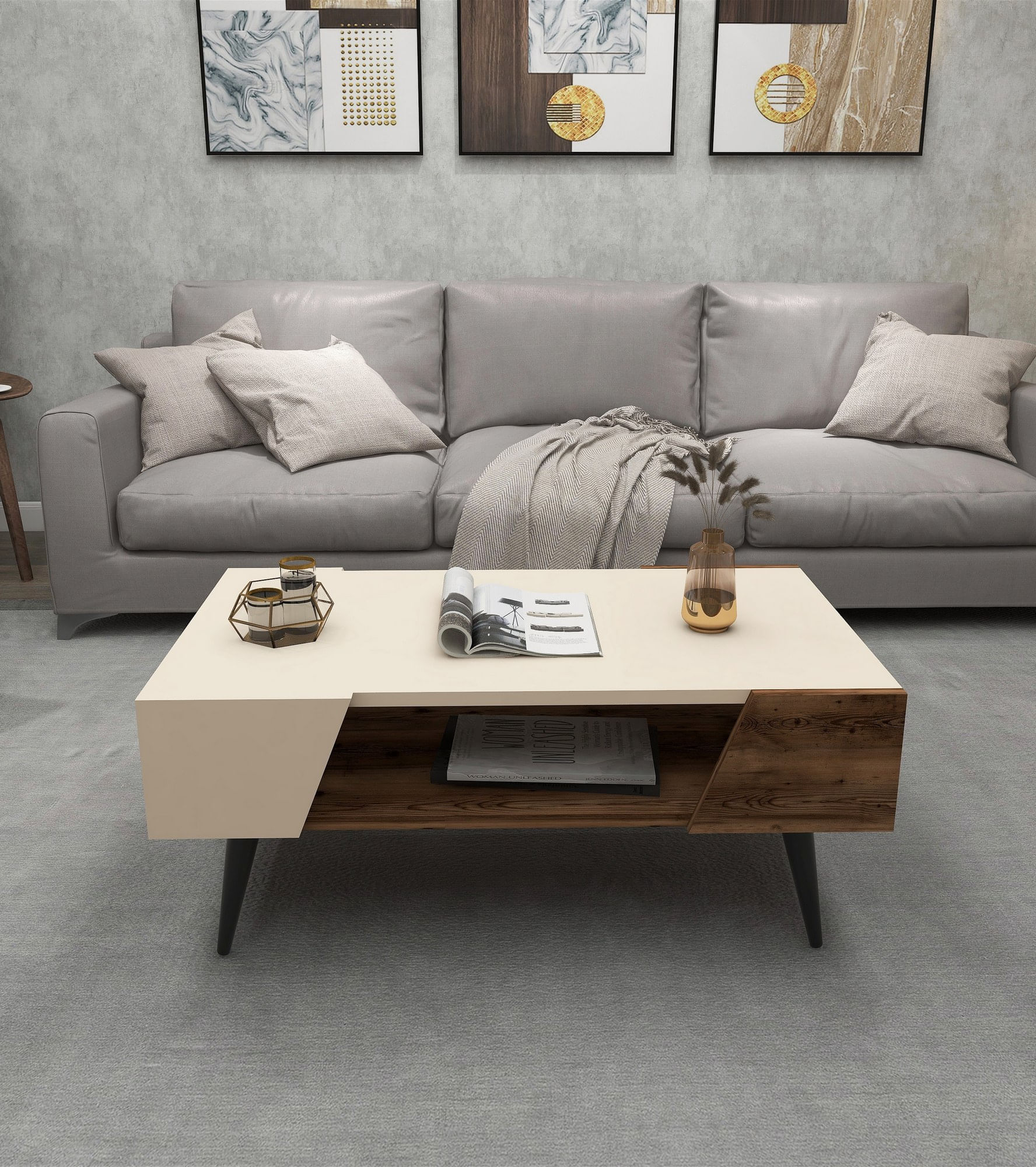Masuta de cafea, Hanah Home, panou de particule melaminat, bej si nuc deschis, 90x53.6x38 cm — imaginea 2