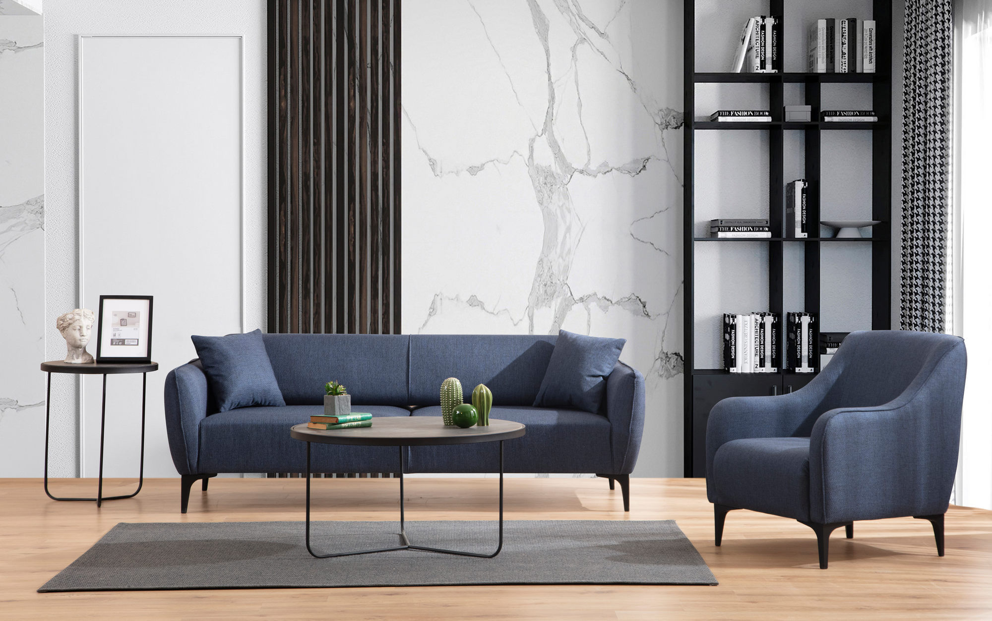 Canapea 3 locuri, Hanah Home, lemn fag si pal, albastru, 220x95x67 cm — imaginea 3