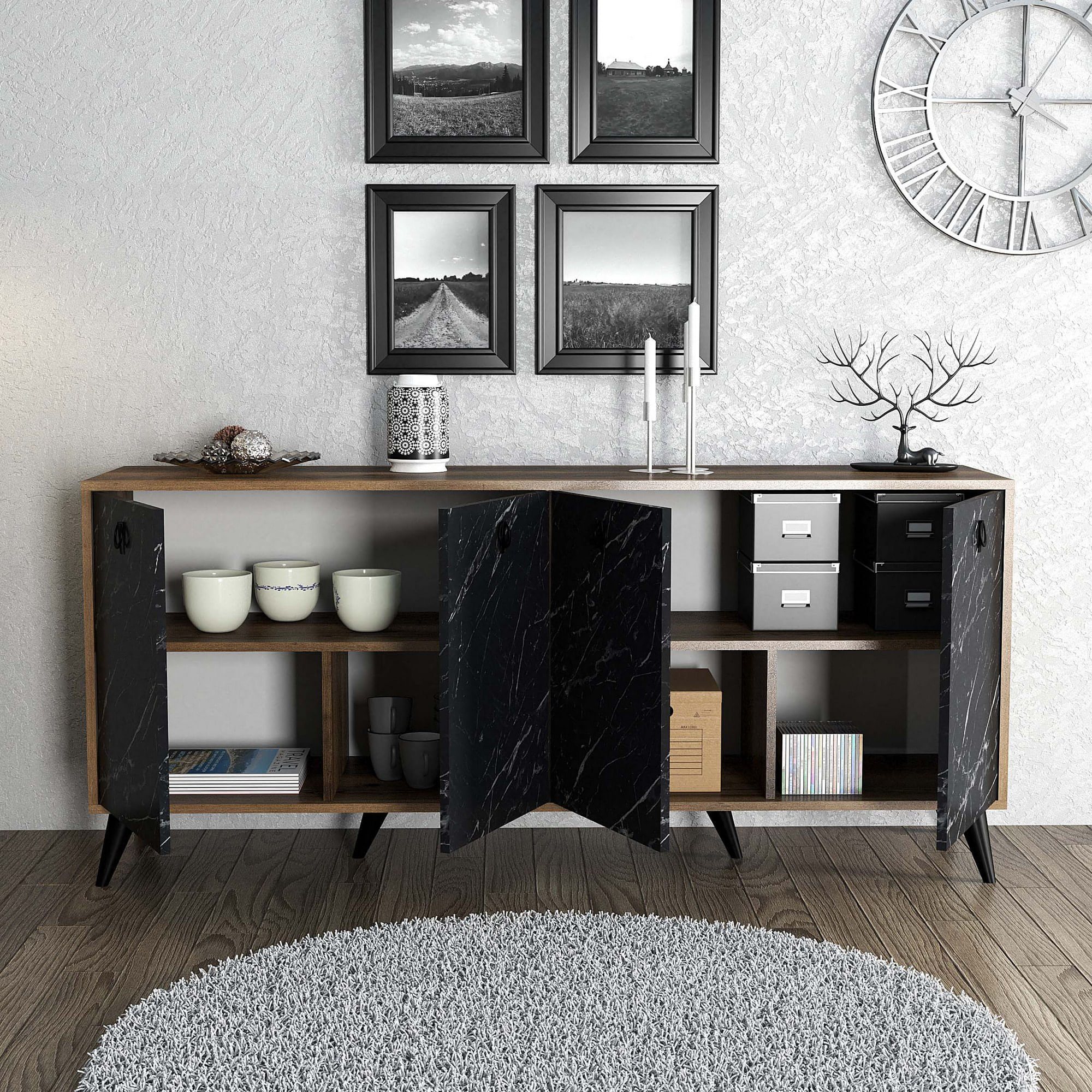Consola, Hanah Home, pal melaminat, nuc si marmura neagra, 180x45x80 cm — imaginea 3