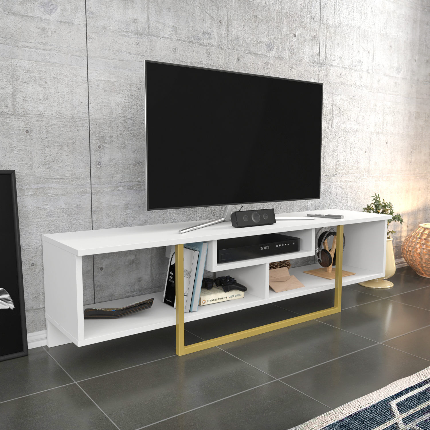 Comoda tv, Hanah Home, pal melaminat, alb auriu, 150x35.2x40 cm — imaginea 3