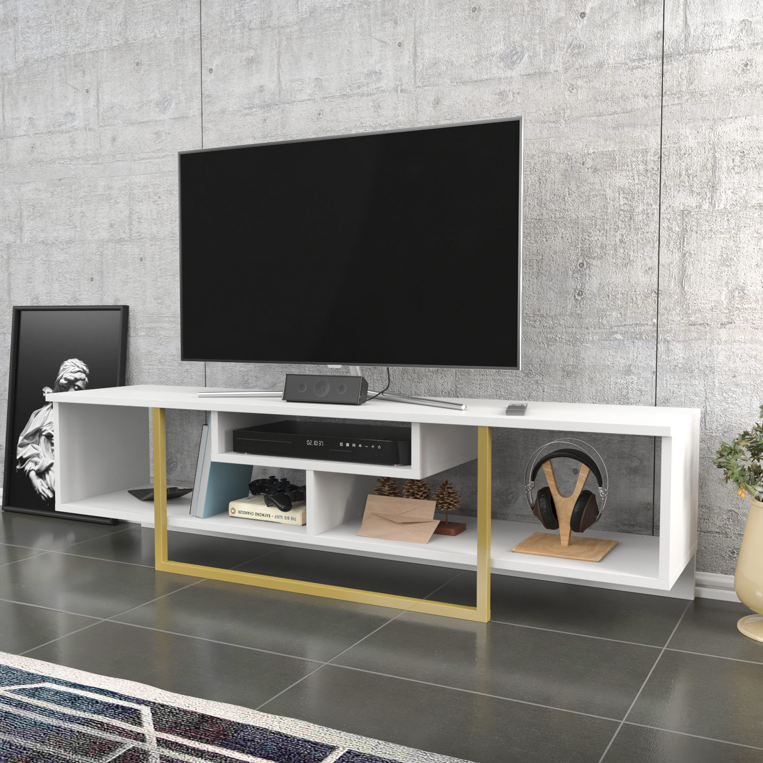 Comoda tv, Hanah Home, pal melaminat, alb auriu, 150x35.2x40 cm — imaginea 4