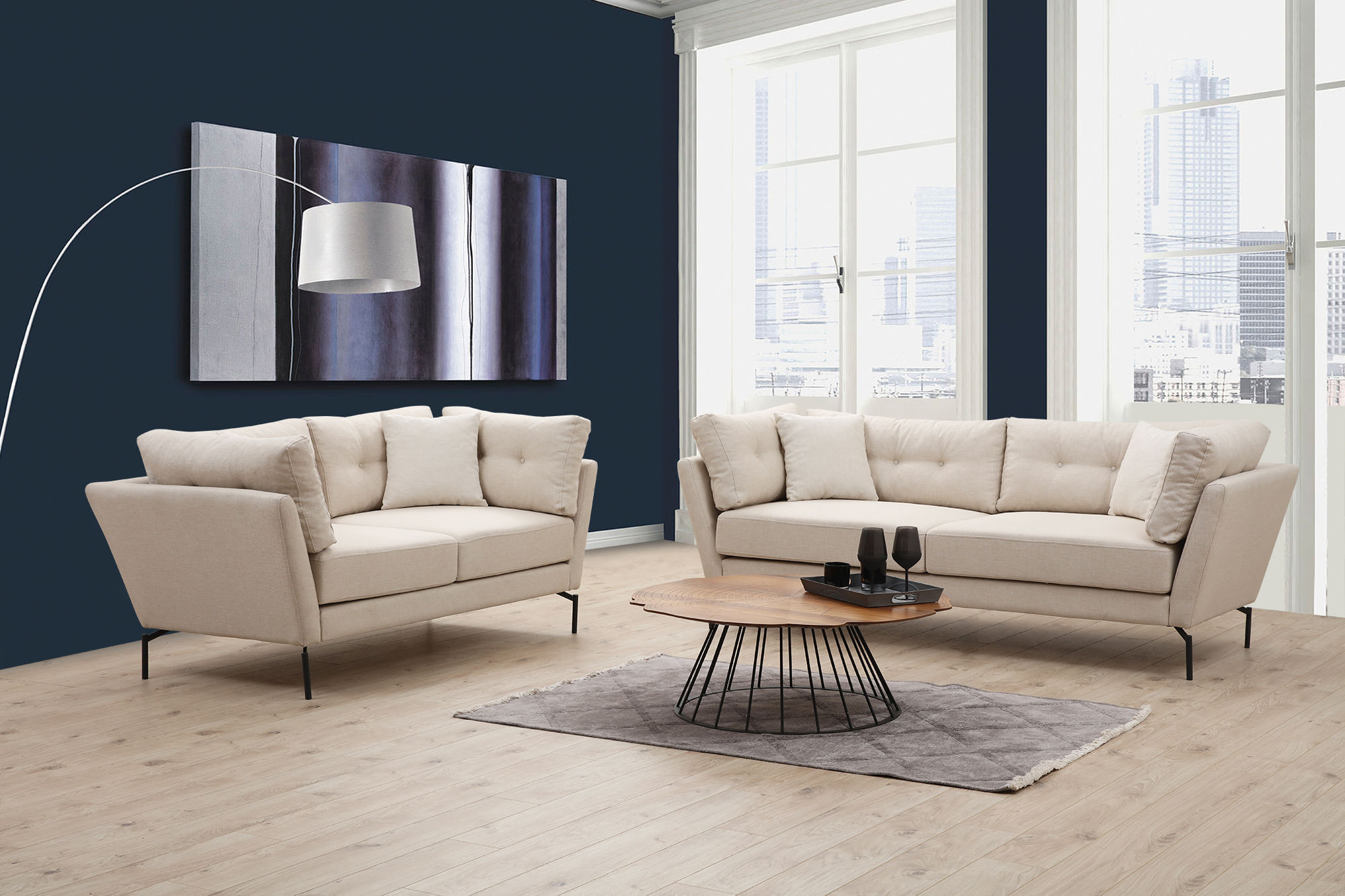 Canapea 3 locuri, Hanah Home, lemn fag si pal, crem, 214x90x84 cm — imaginea 9