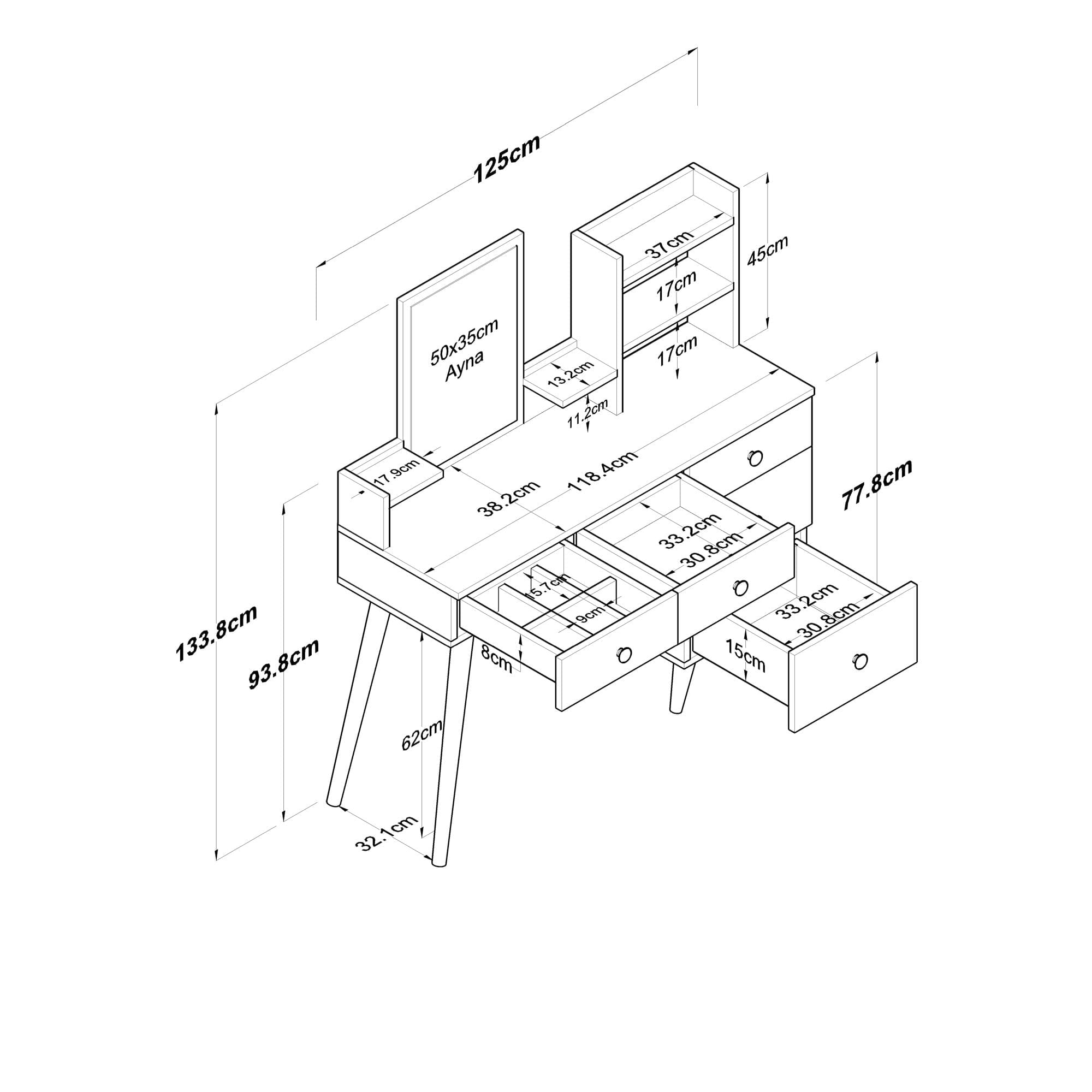 Masa de toaleta, Hanah Home, pal melaminat, alb, 125x40x93,8 cm — imaginea 7