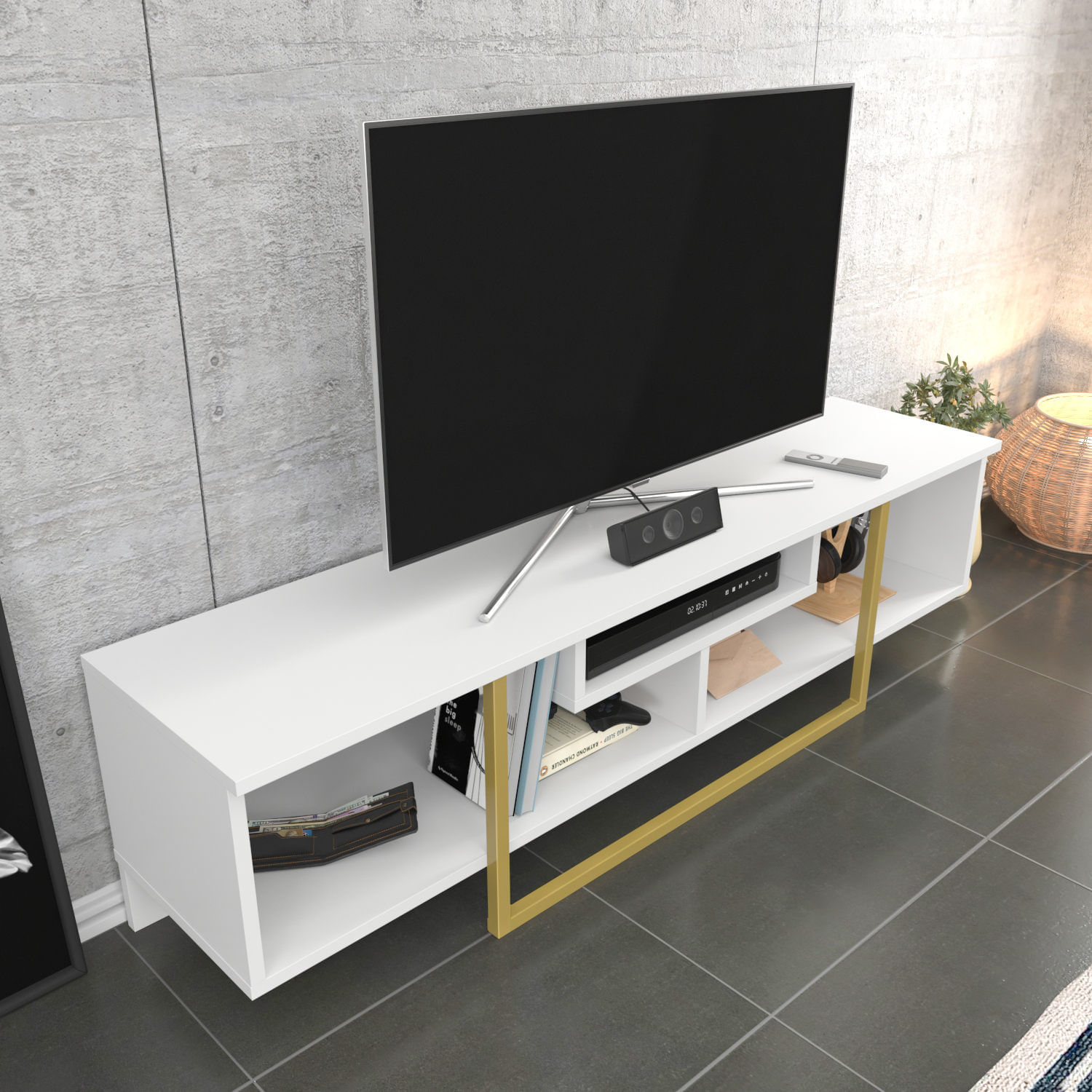 Comoda tv, Hanah Home, pal melaminat, alb auriu, 150x35.2x40 cm — imaginea 5