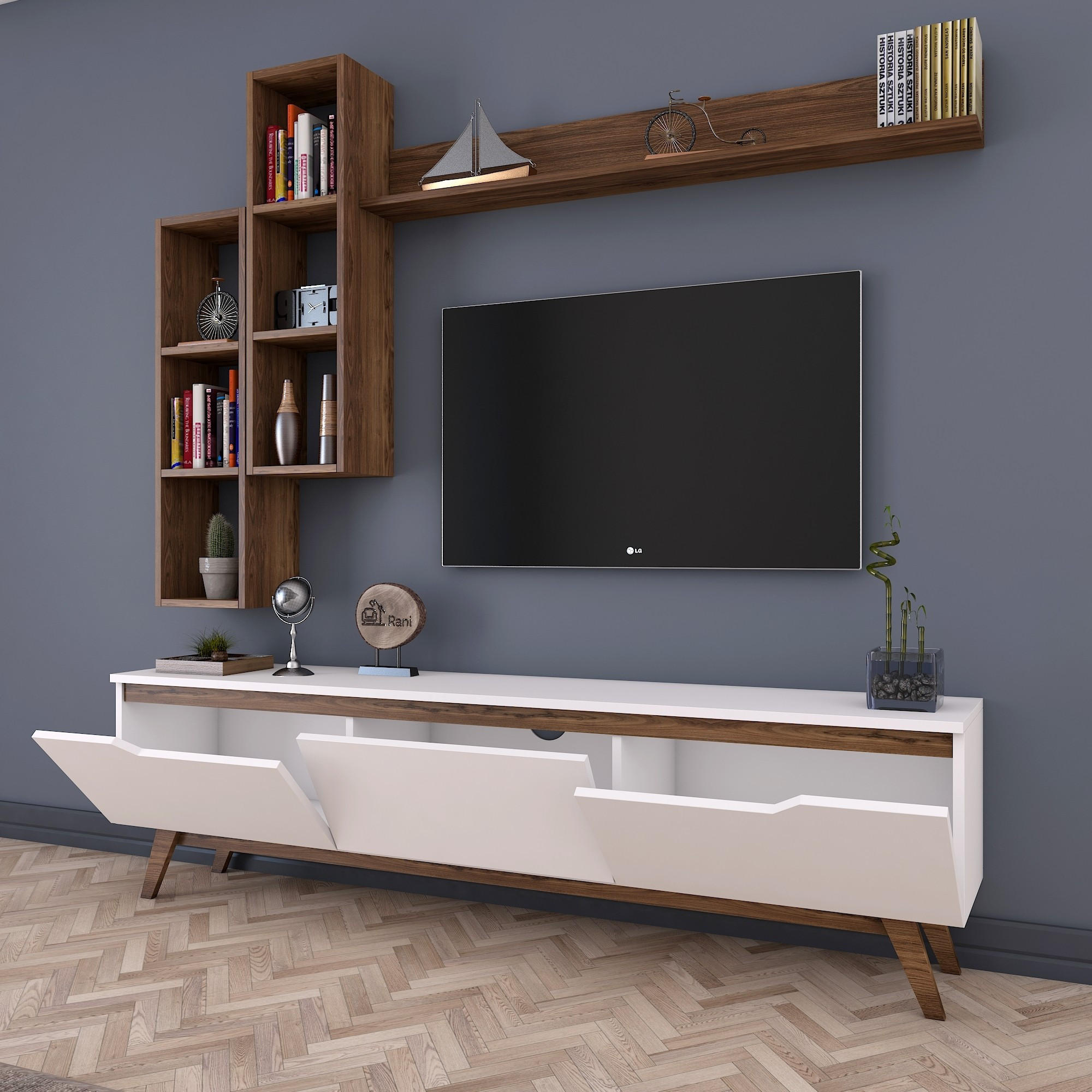 Comoda tv, Hanah Home, pal melaminat, alb si nuc, 180x48.6x35 cm — imaginea 5