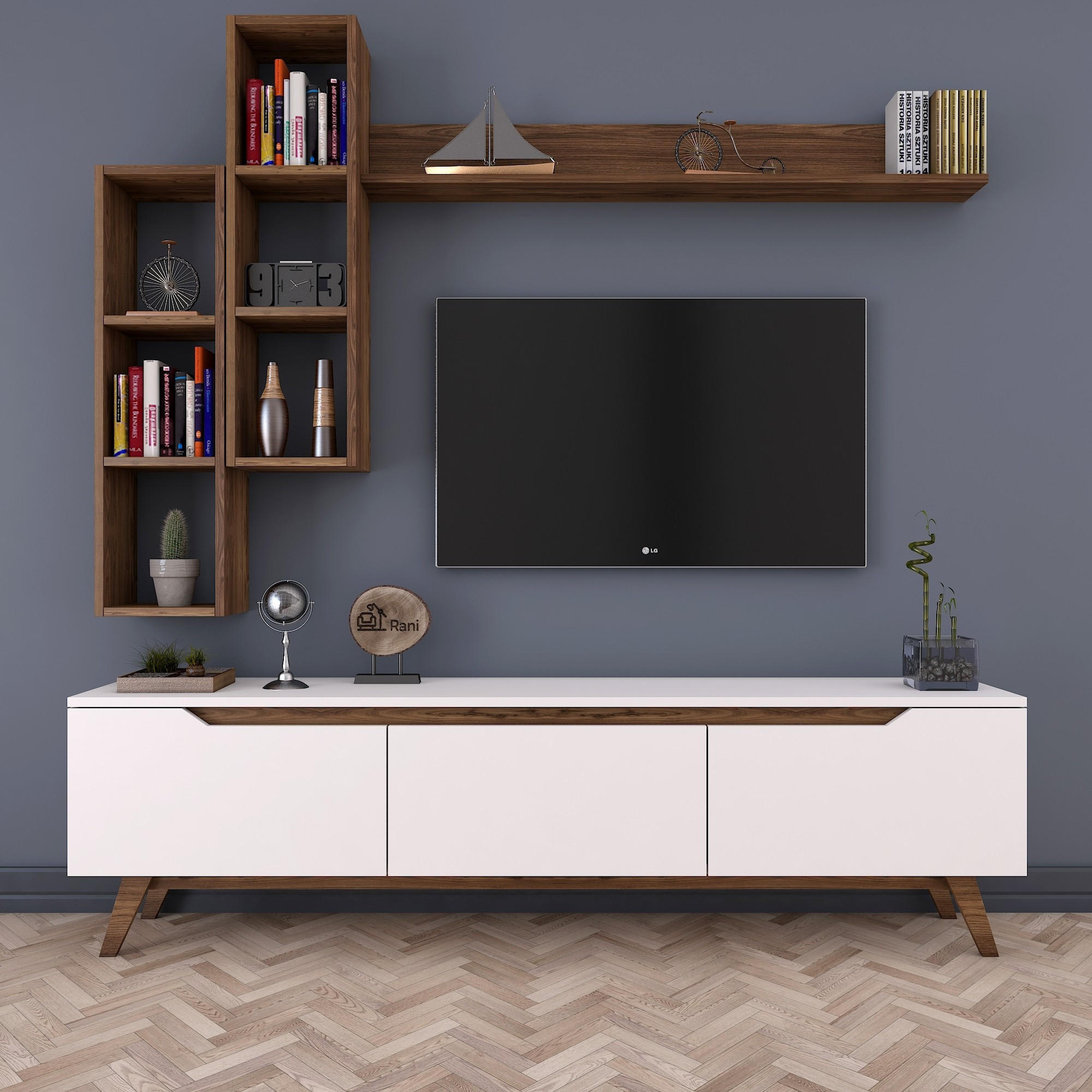 Comoda tv, Hanah Home, pal melaminat, alb si nuc, 180x48.6x35 cm — imaginea 6