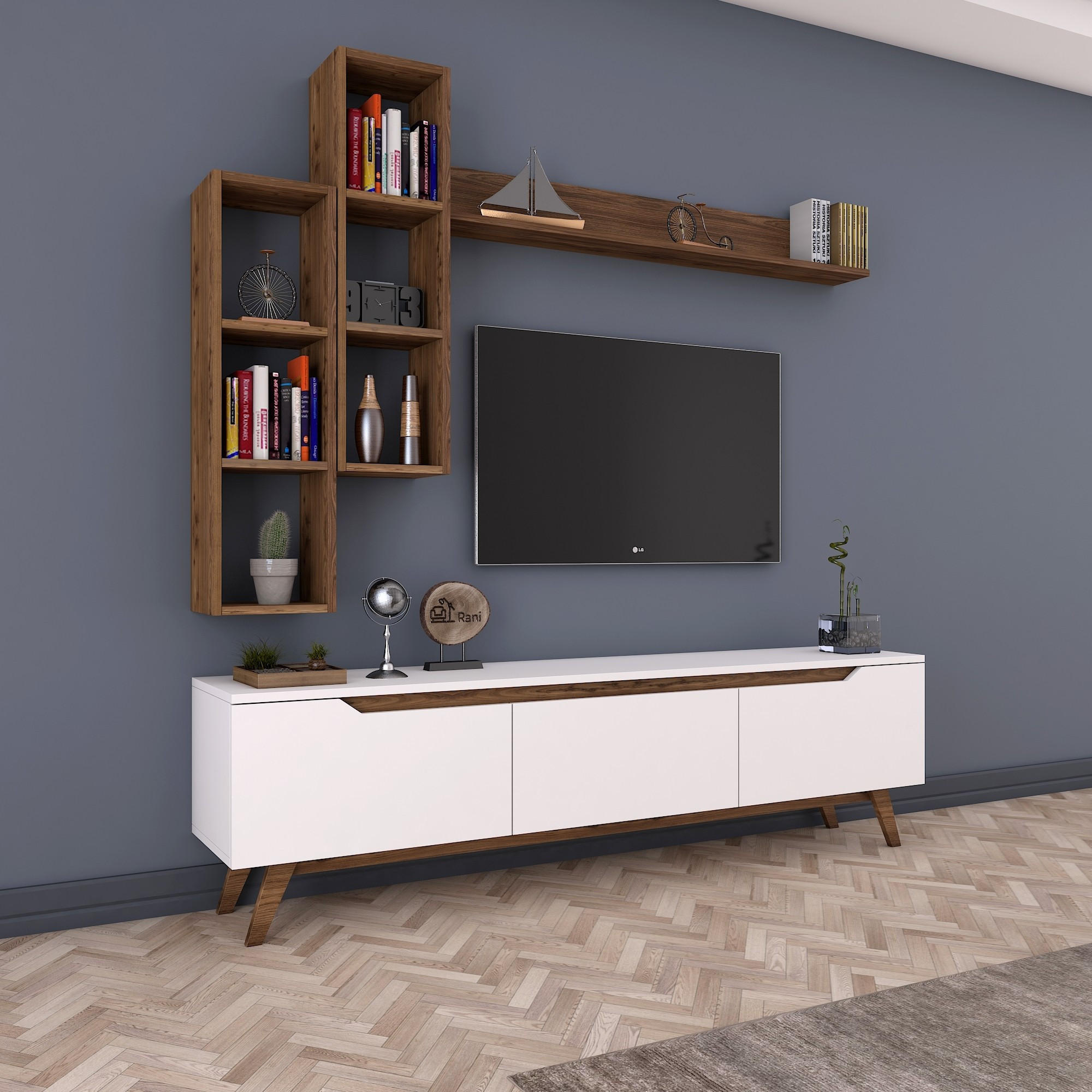 Comoda tv, Hanah Home, pal melaminat, alb si nuc, 180x48.6x35 cm — imaginea 7