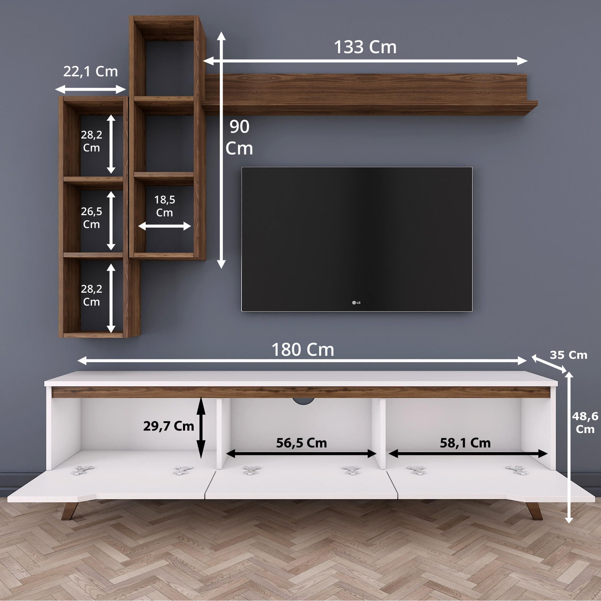 Comoda tv, Hanah Home, pal melaminat, alb si nuc, 180x48.6x35 cm — imaginea 8