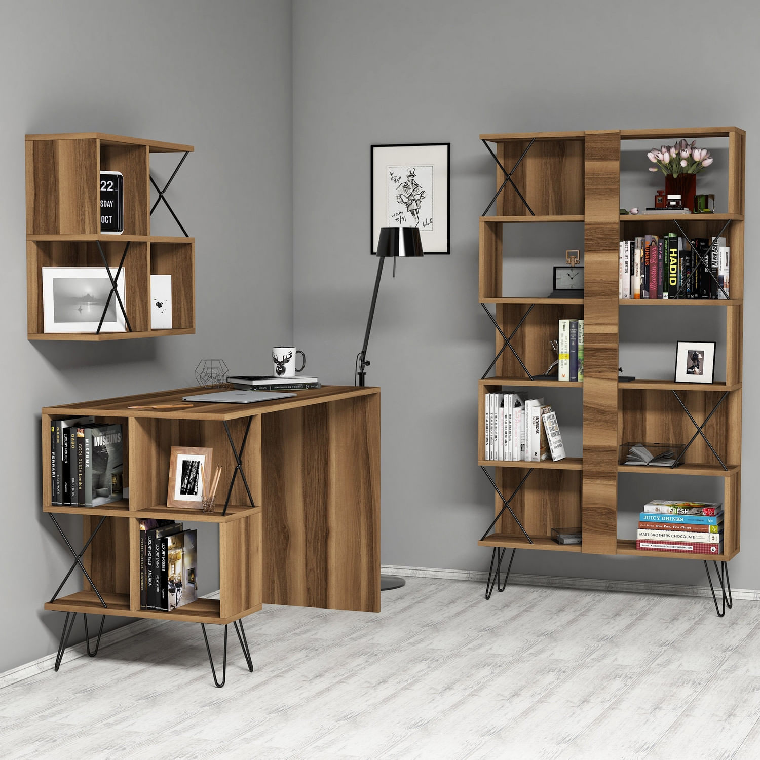 Birou cu rafturi, Hanah Home, pal melaminat, nuc si negru, 120x60x78.8 cm, 845HCT3830 — imaginea 4