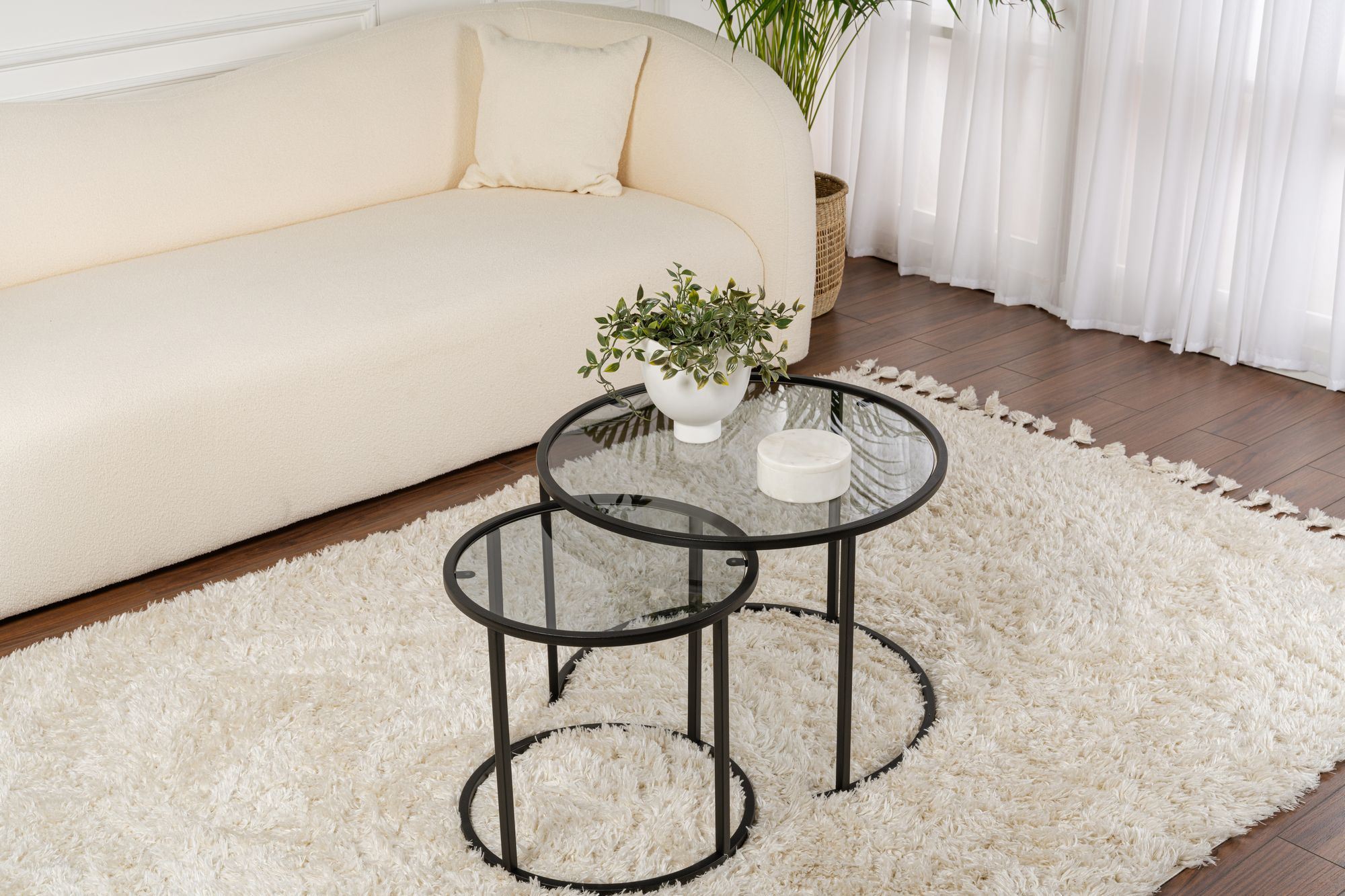 Set masute de cafea, Hanah Home, sticla securizata si metal, negru, 60x42 cm
