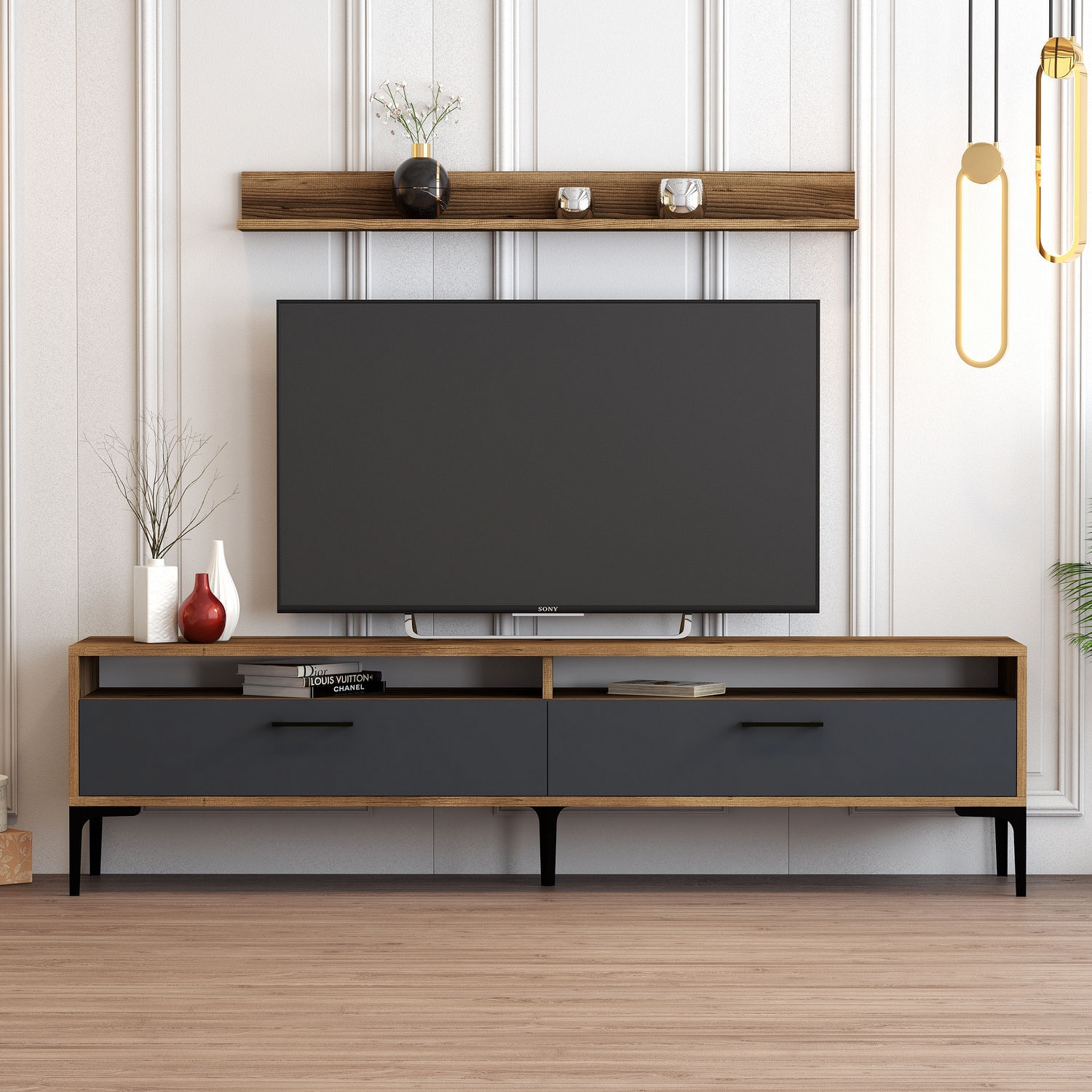 Comoda tv, Hanah Home, pal melaminat, nuc, antracit, 180x47x35 cm — imaginea 2