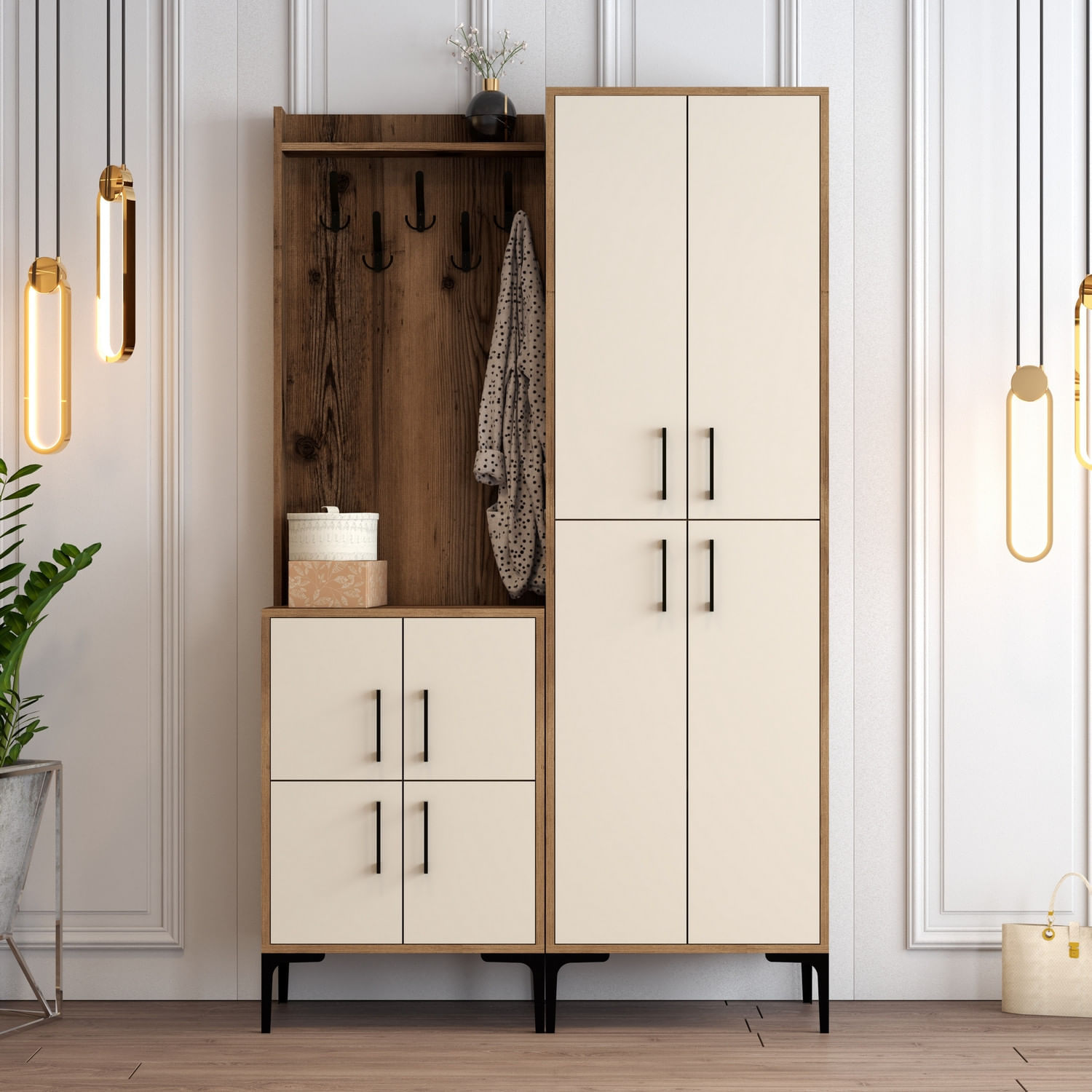 Cuier hol, Hanah Home, pal melaminat, nuc, crem, 120x35x200 cm — imaginea 2