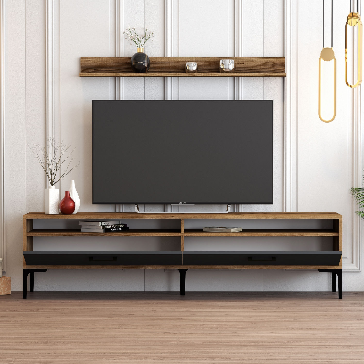 Comoda tv, Hanah Home, pal melaminat, nuc, antracit, 180x47x35 cm — imaginea 3
