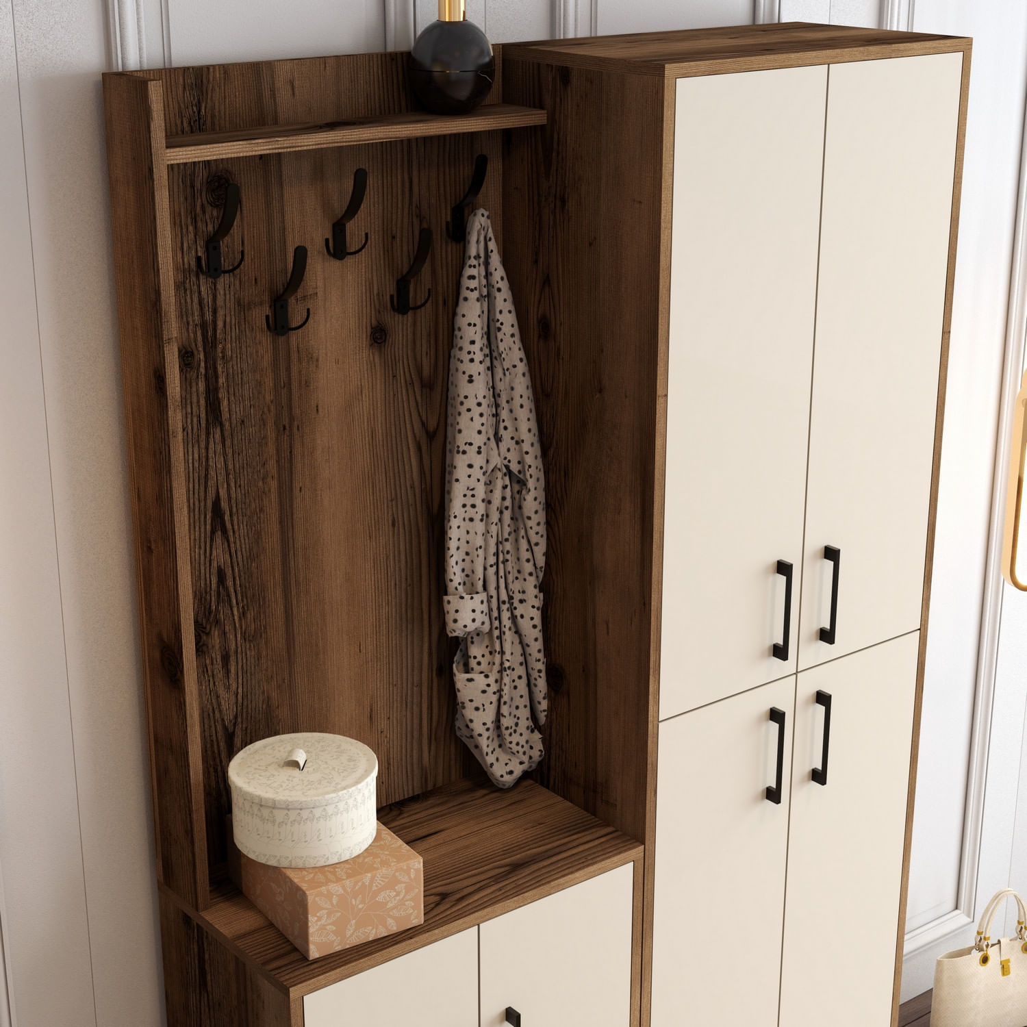 Cuier hol, Hanah Home, pal melaminat, nuc, crem, 120x35x200 cm — imaginea 3