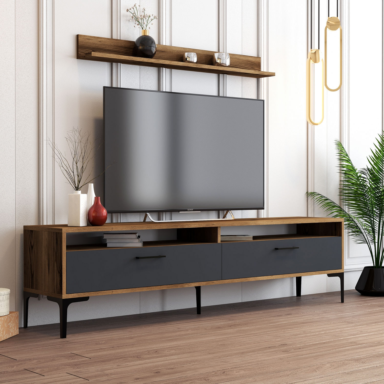 Comoda tv, Hanah Home, pal melaminat, nuc, antracit, 180x47x35 cm — imaginea 4